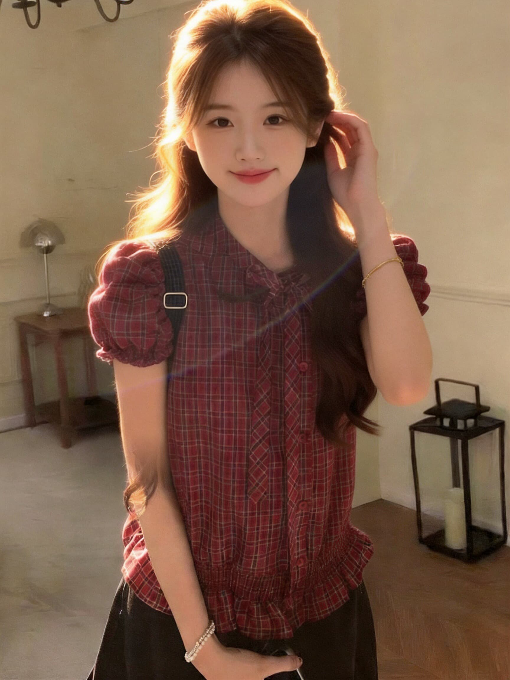 빨간색 체크무늬 거품 소매 나비 매듭 허리 수축 맨위 여성 상세 이미지 10