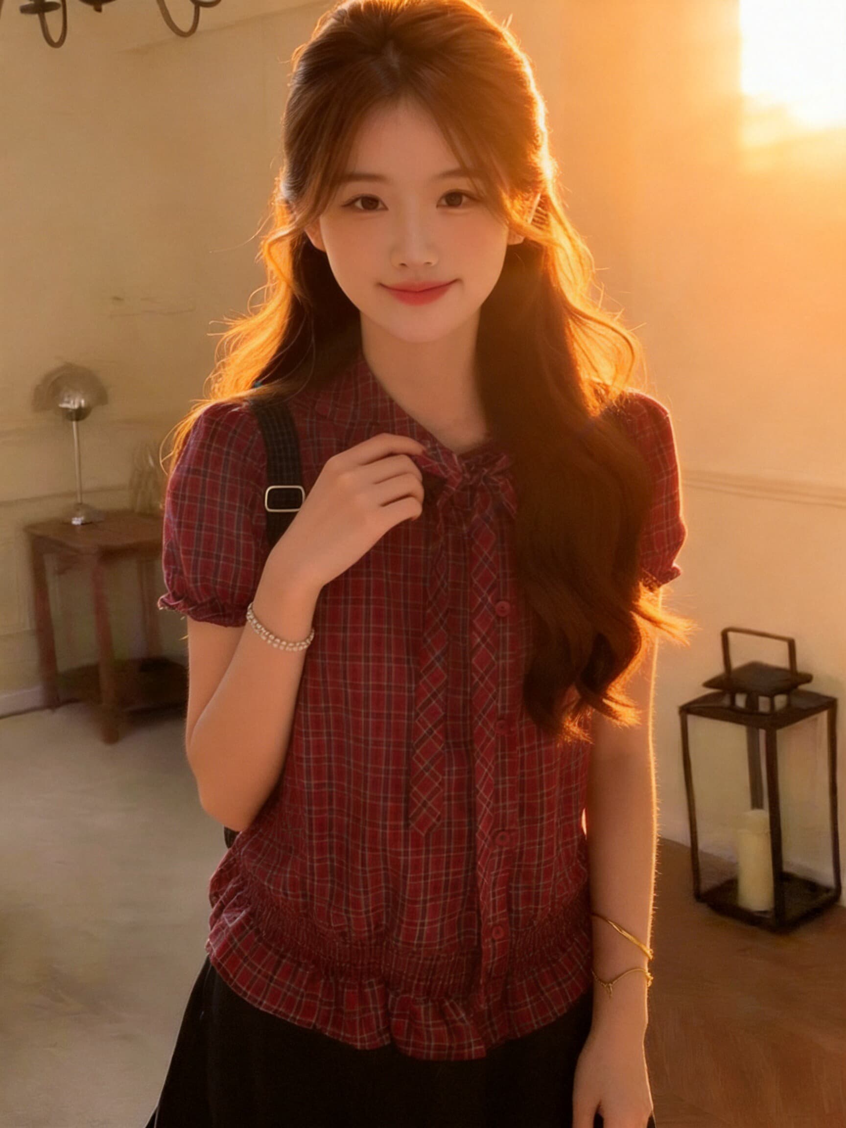 빨간색 체크무늬 거품 소매 나비 매듭 허리 수축 맨위 여성 상세 이미지 11