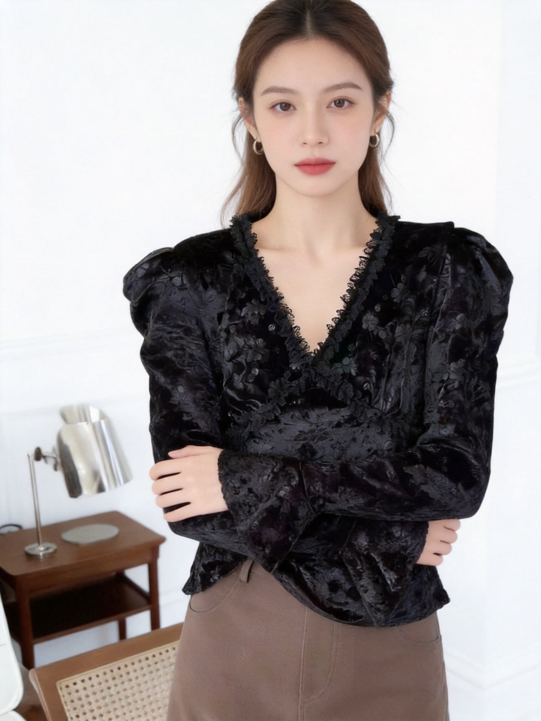 가을 레이스 레이스 거품 소매 벨벳 셔츠 상세 이미지 6