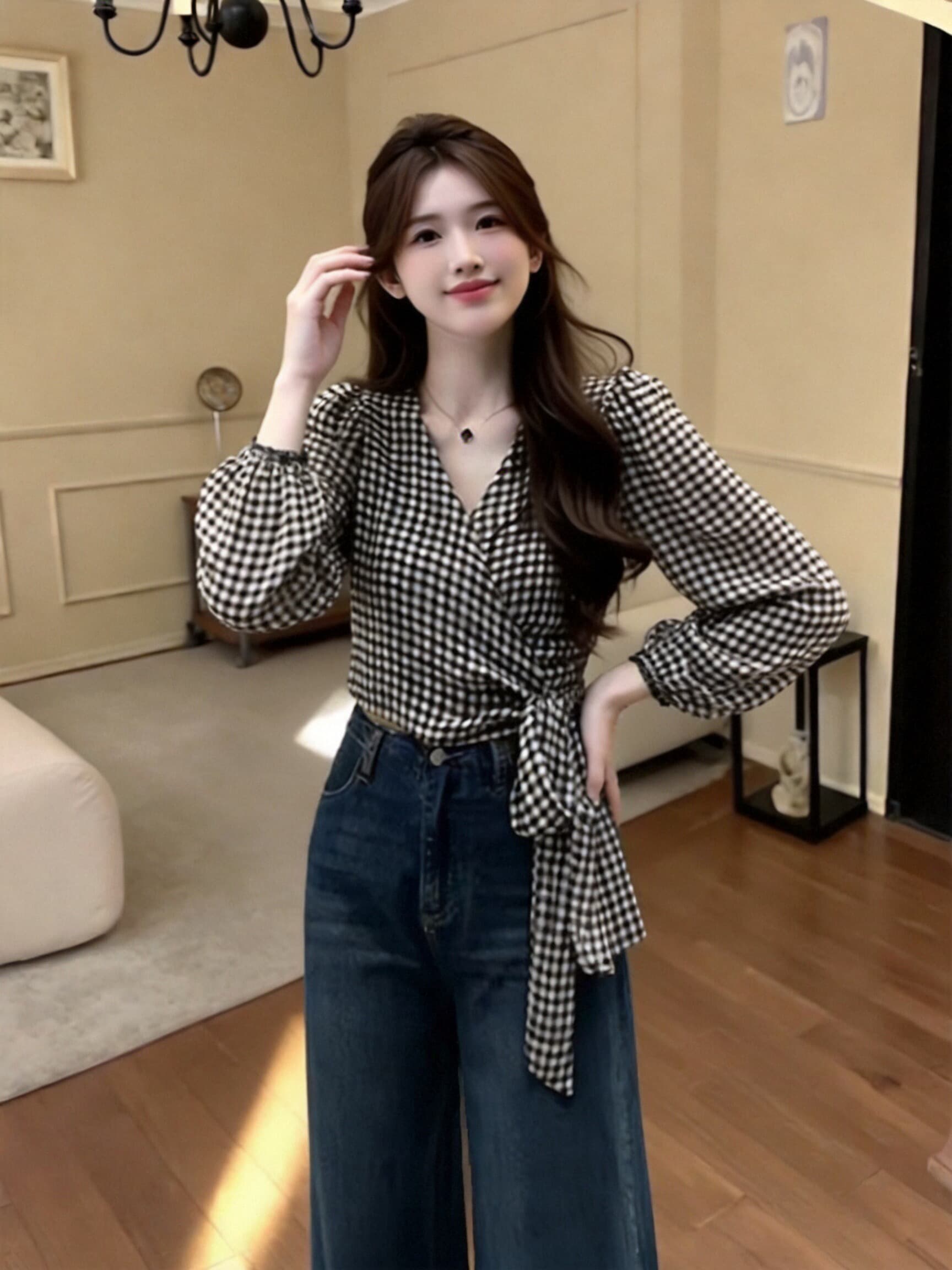 스트랩 허리 수축 긴팔 체크무늬 맨위 여성 이미지 3