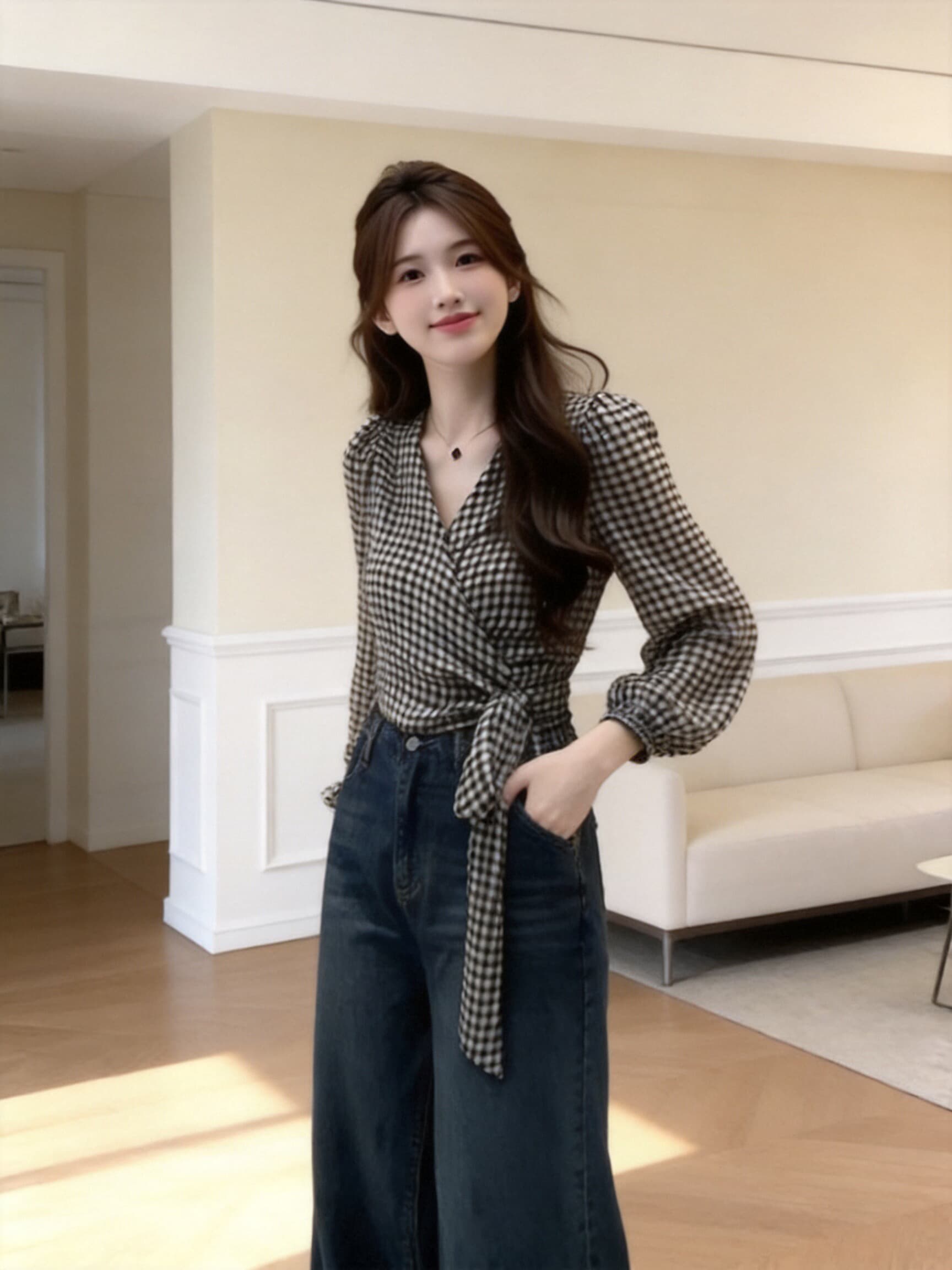 스트랩 허리 수축 긴팔 체크무늬 맨위 여성 이미지 5