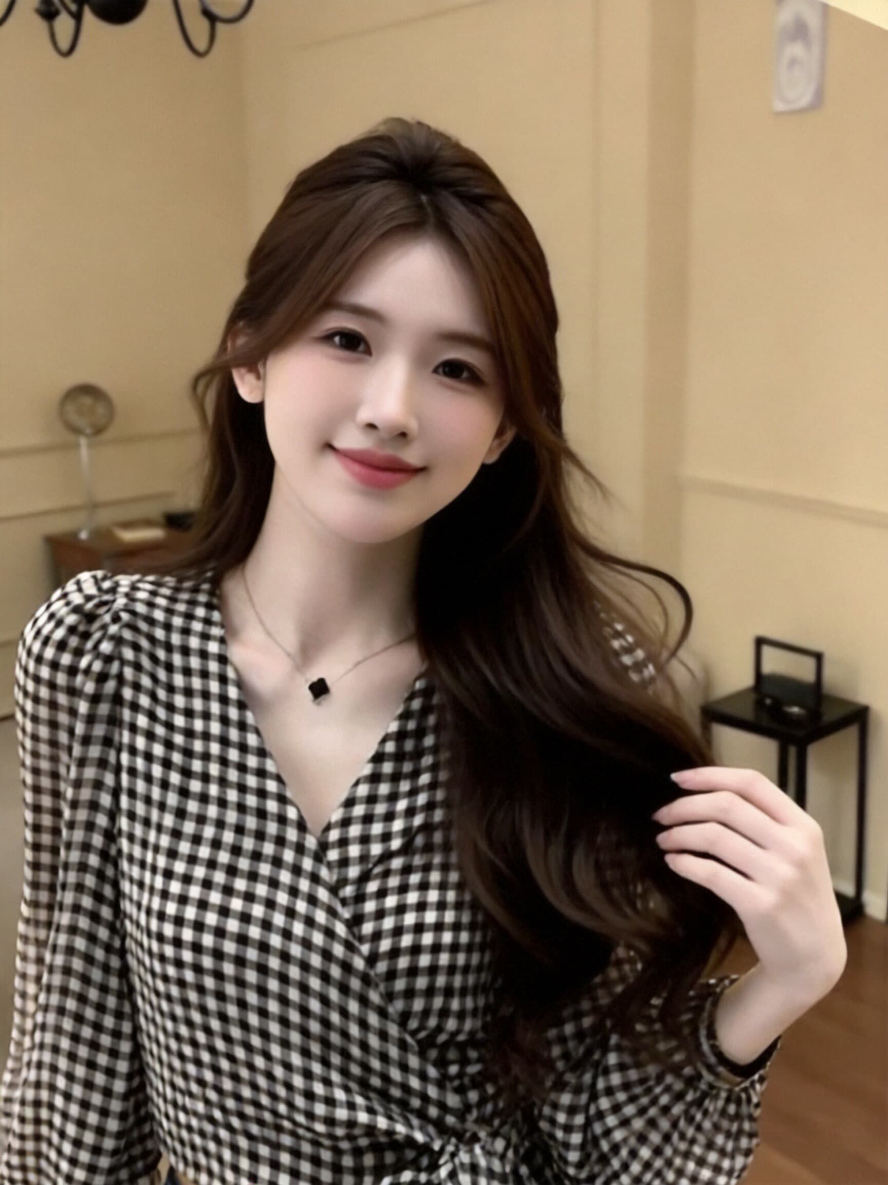 스트랩 허리 수축 긴팔 체크무늬 맨위 여성 상세 이미지 3