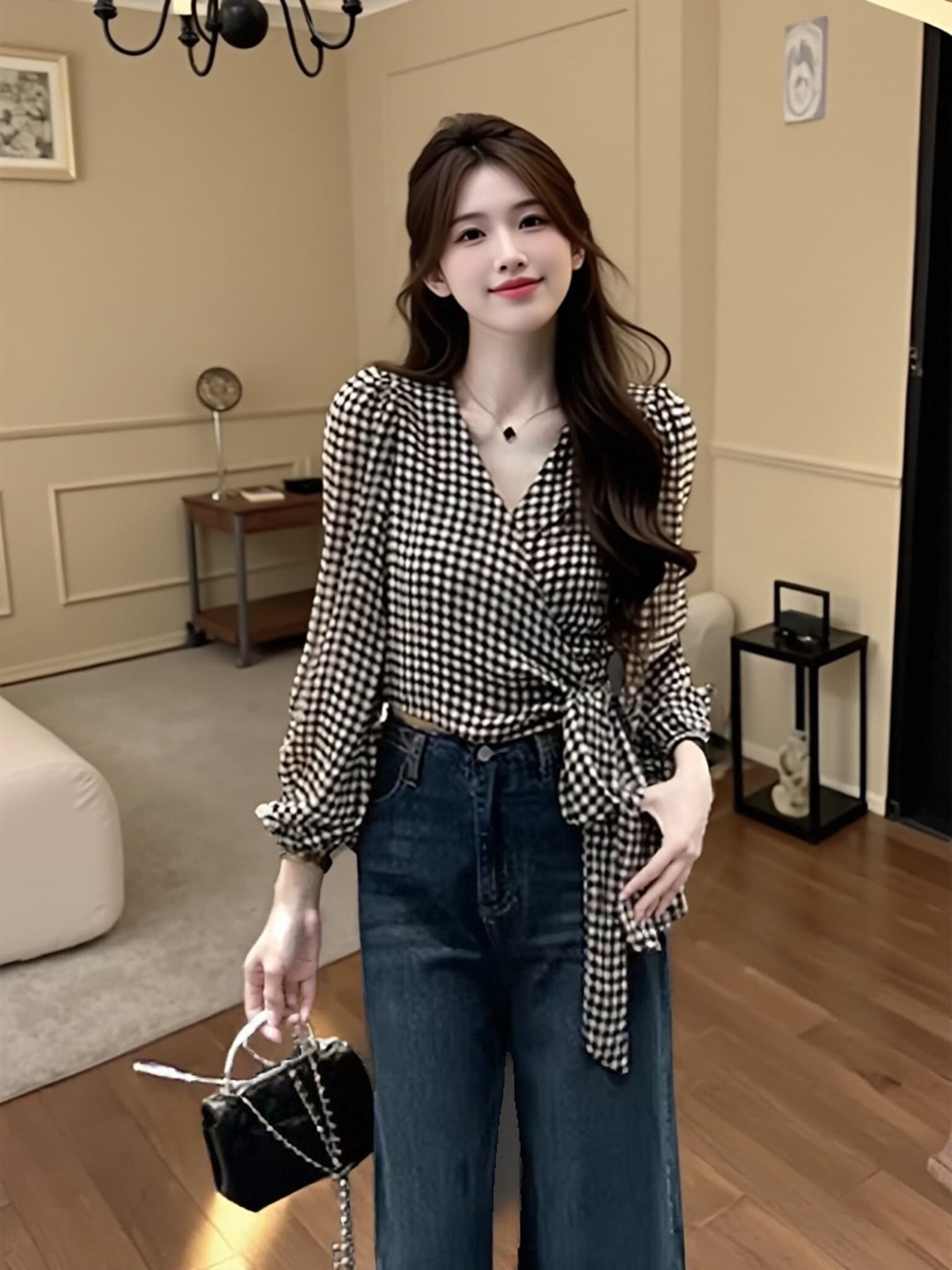 스트랩 허리 수축 긴팔 체크무늬 맨위 여성 상세 이미지 5