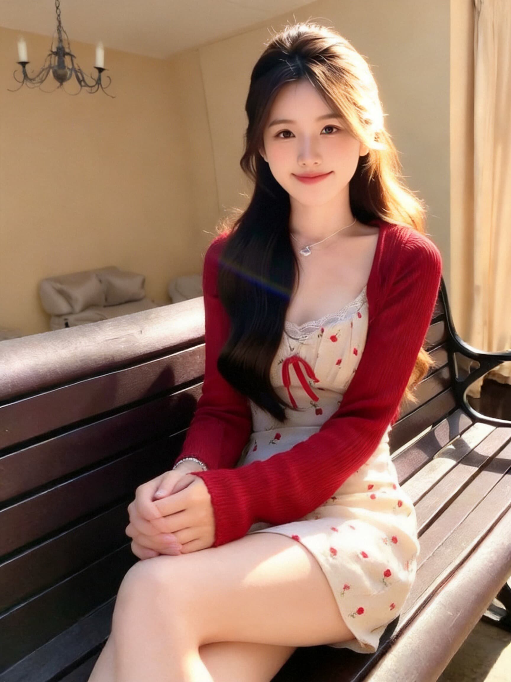 숄 빨간색 프릴 자외선 차단 니트 오픈 가디건 이미지 3