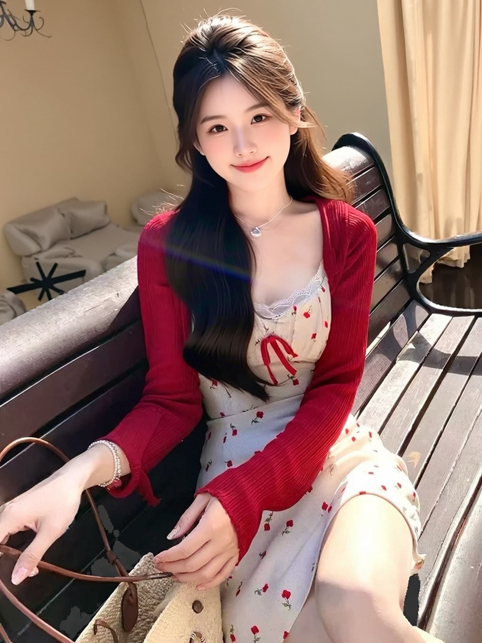 숄 빨간색 프릴 자외선 차단 니트 오픈 가디건 상세 이미지 6
