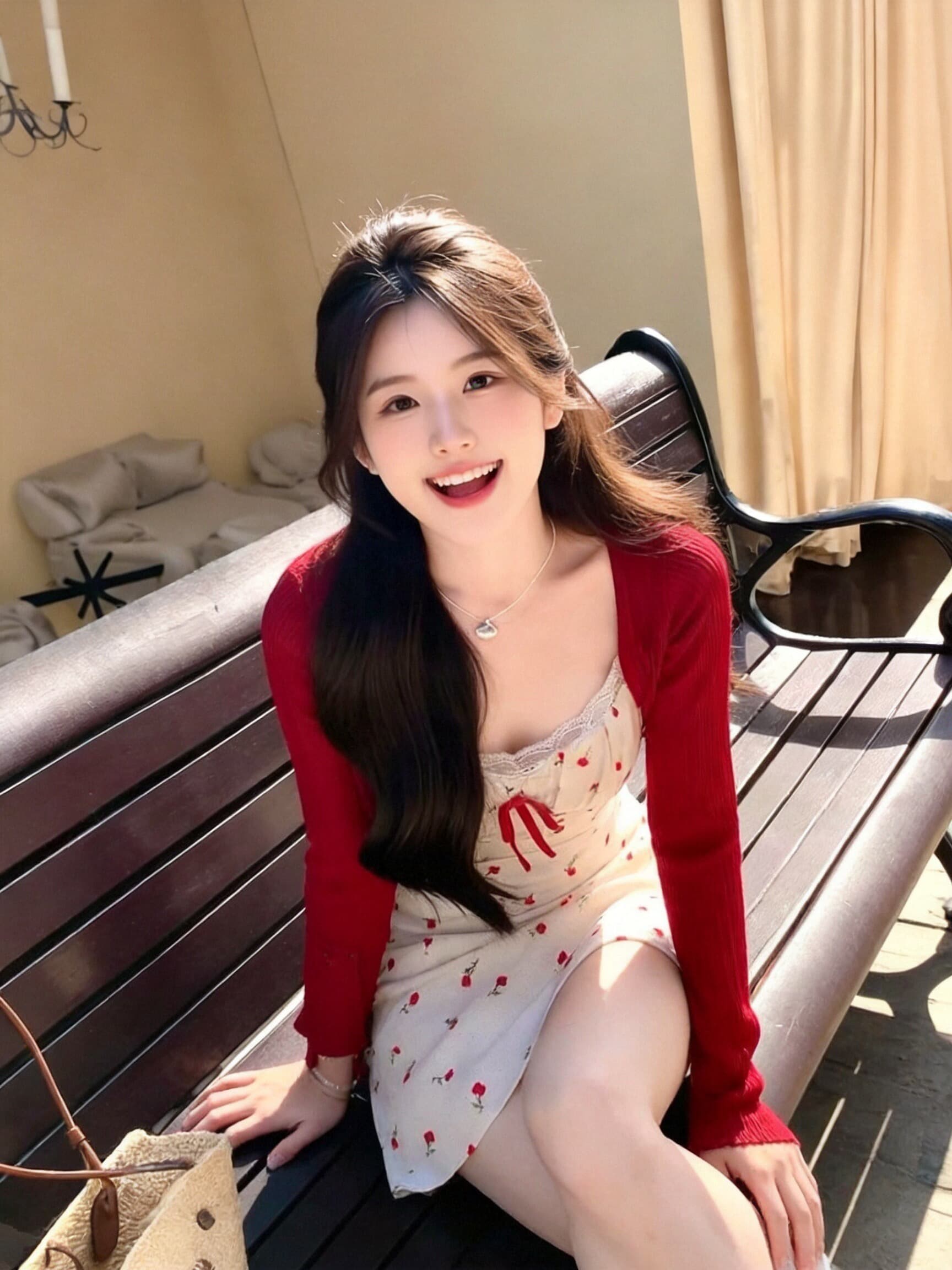 숄 빨간색 프릴 자외선 차단 니트 오픈 가디건 상세 이미지 7