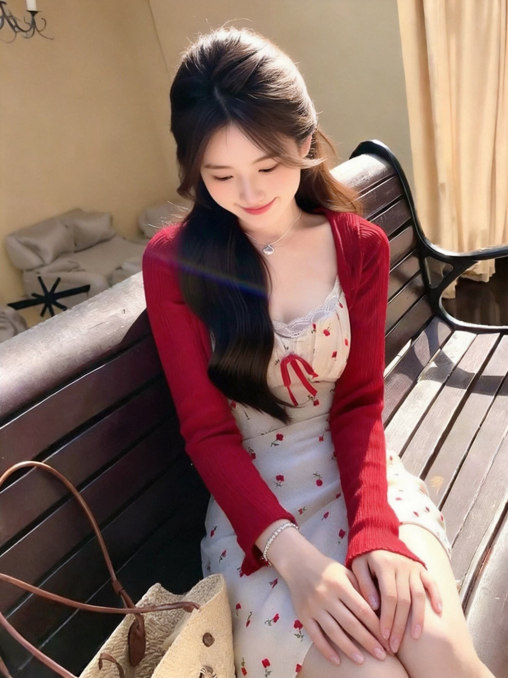 숄 빨간색 프릴 자외선 차단 니트 오픈 가디건 상세 이미지 8