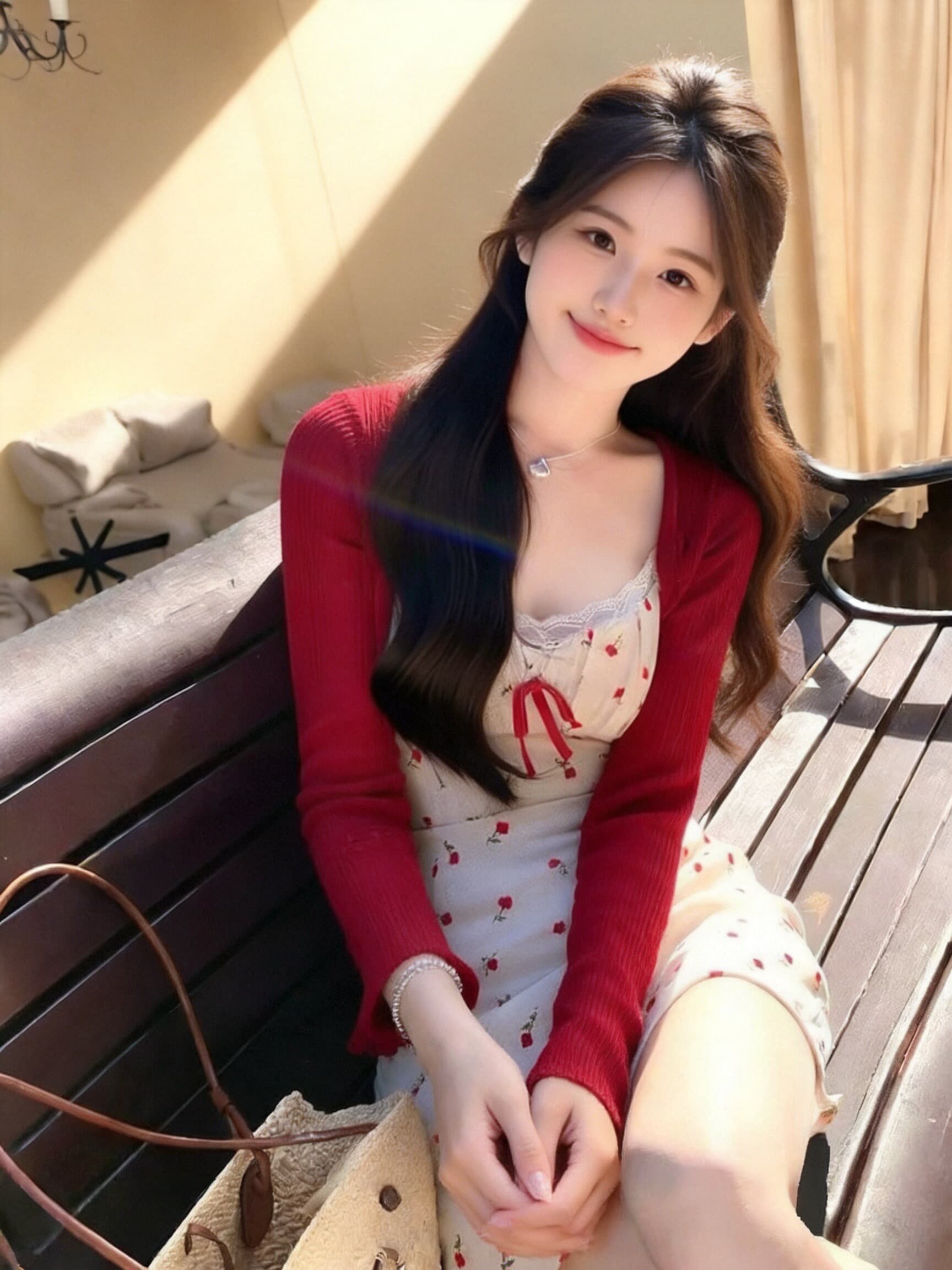 숄 빨간색 프릴 자외선 차단 니트 오픈 가디건 상세 이미지 9