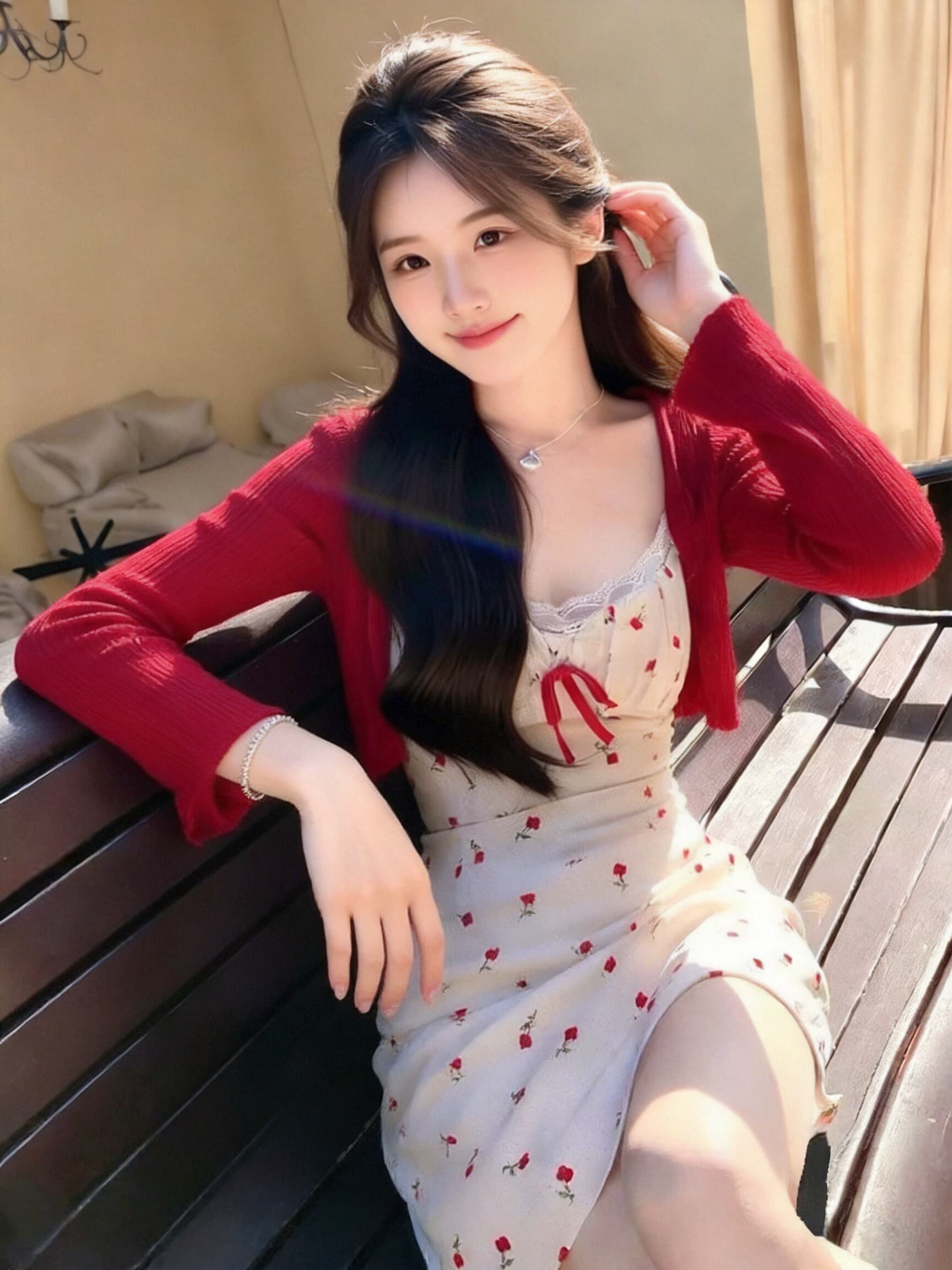 숄 빨간색 프릴 자외선 차단 니트 오픈 가디건 상세 이미지 10