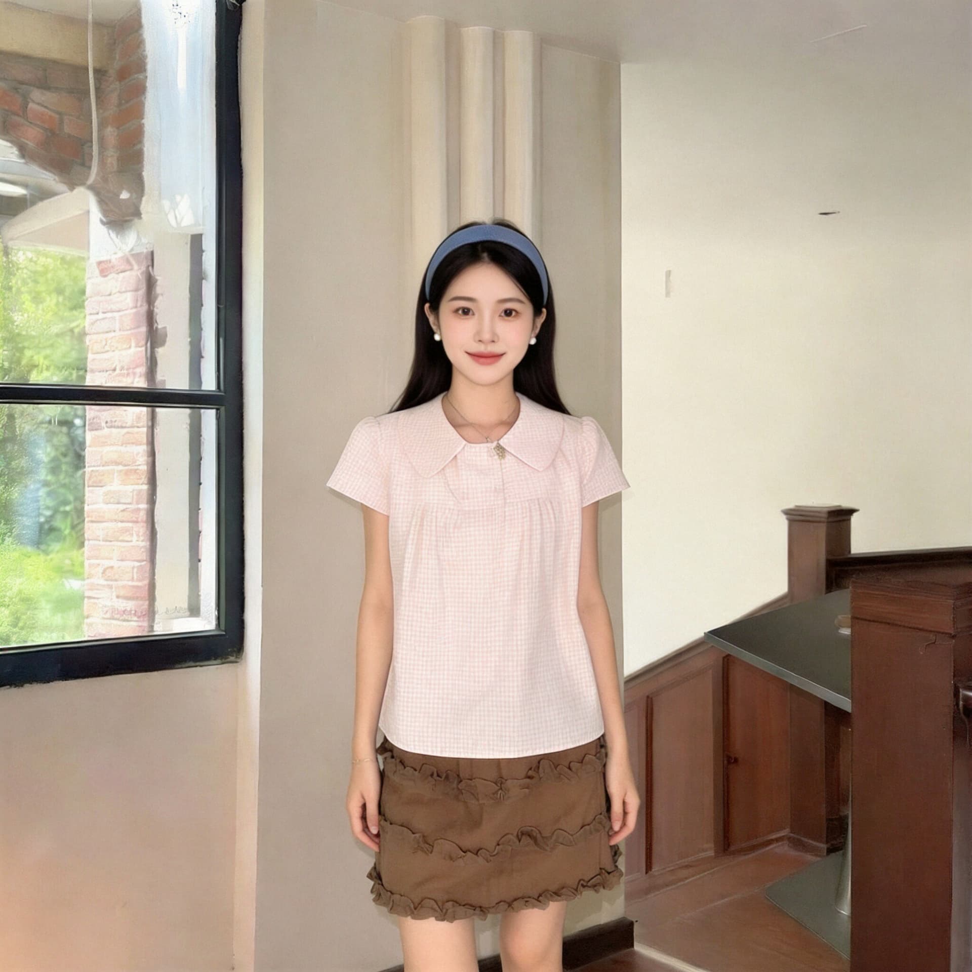 부드러운 분말 주름 베이비 칼라 격자 무늬 셔츠 맨위 상세 이미지 2
