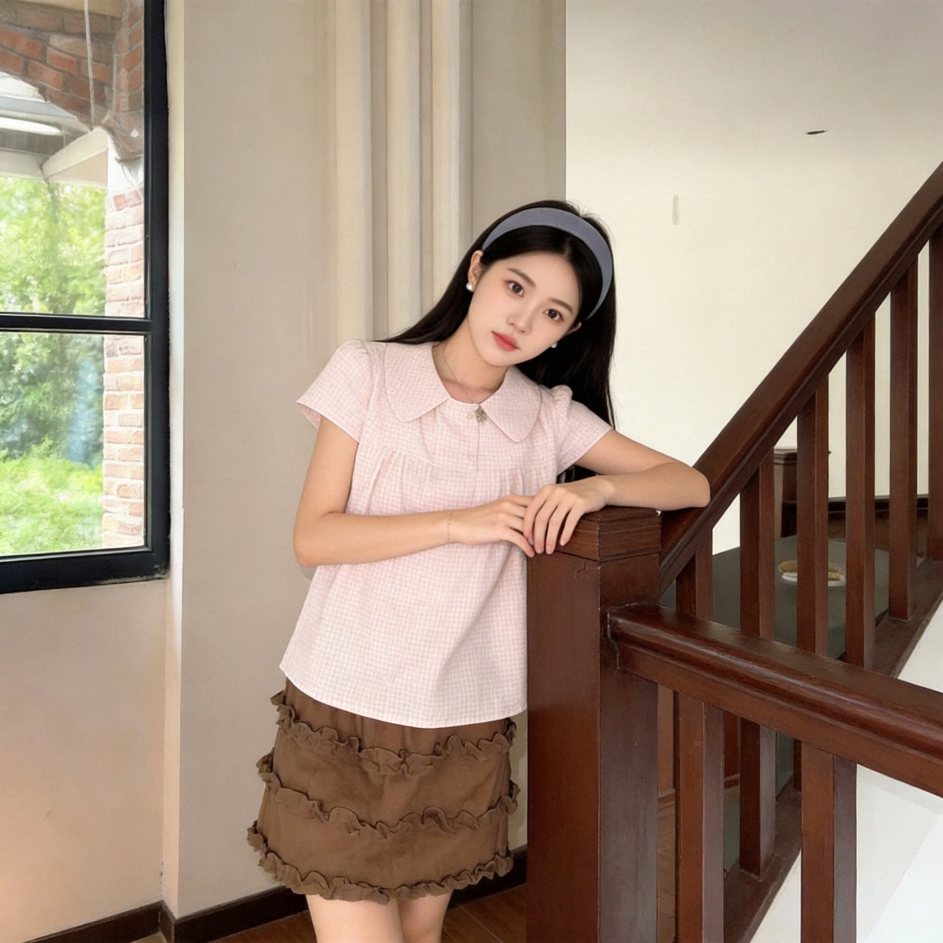 부드러운 분말 주름 베이비 칼라 격자 무늬 셔츠 맨위 상세 이미지 8
