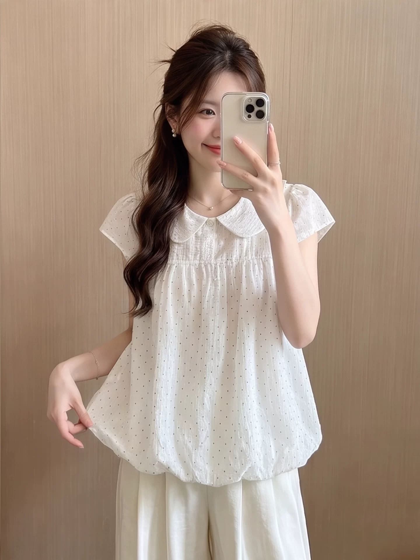 Feifei 소매 베이비 칼라 도트 무늬 꽃밭 셔츠 여성 셔츠 이미지 2