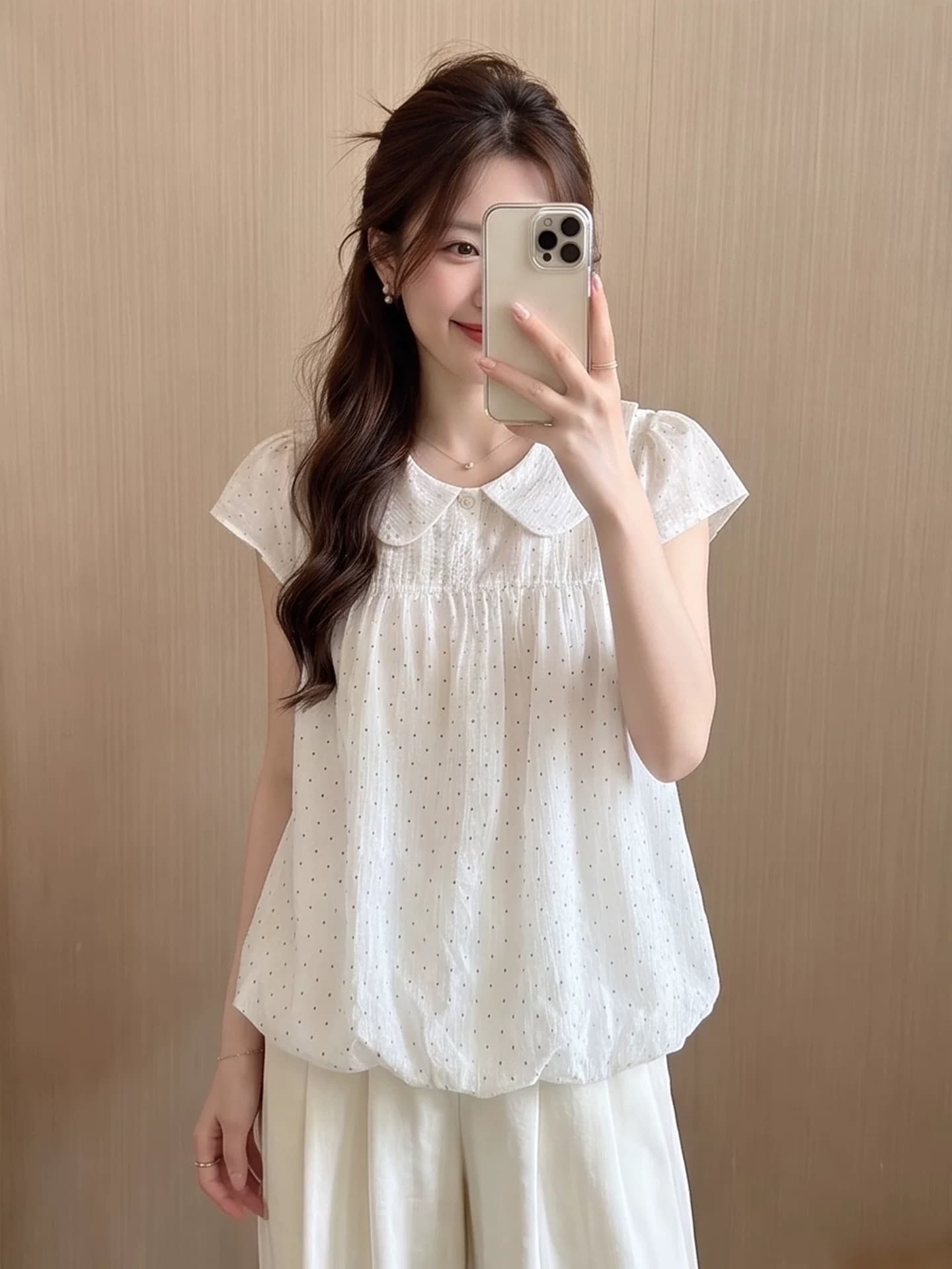 Feifei 소매 베이비 칼라 도트 무늬 꽃밭 셔츠 여성 셔츠 이미지 4