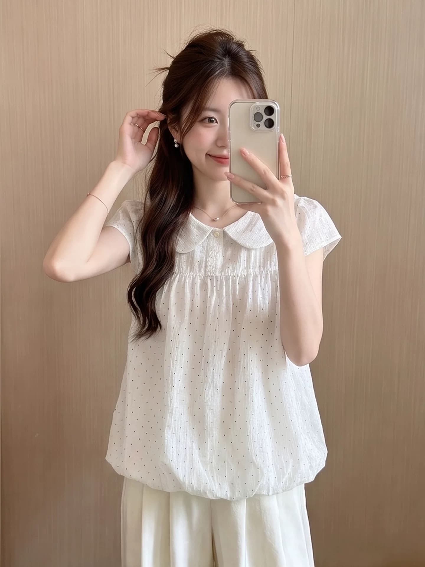 Feifei 소매 베이비 칼라 도트 무늬 꽃밭 셔츠 여성 셔츠 상세 이미지 2