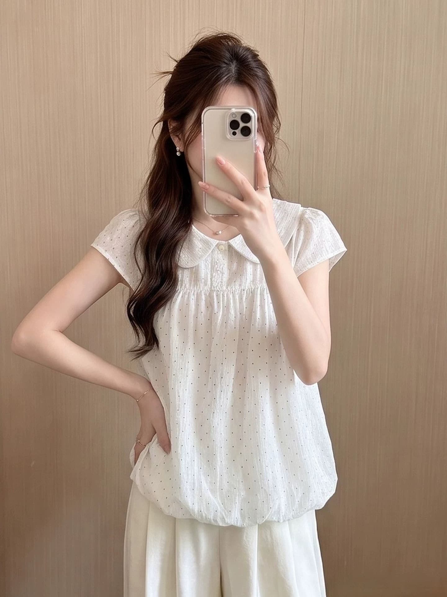 Feifei 소매 베이비 칼라 도트 무늬 꽃밭 셔츠 여성 셔츠 상세 이미지 5