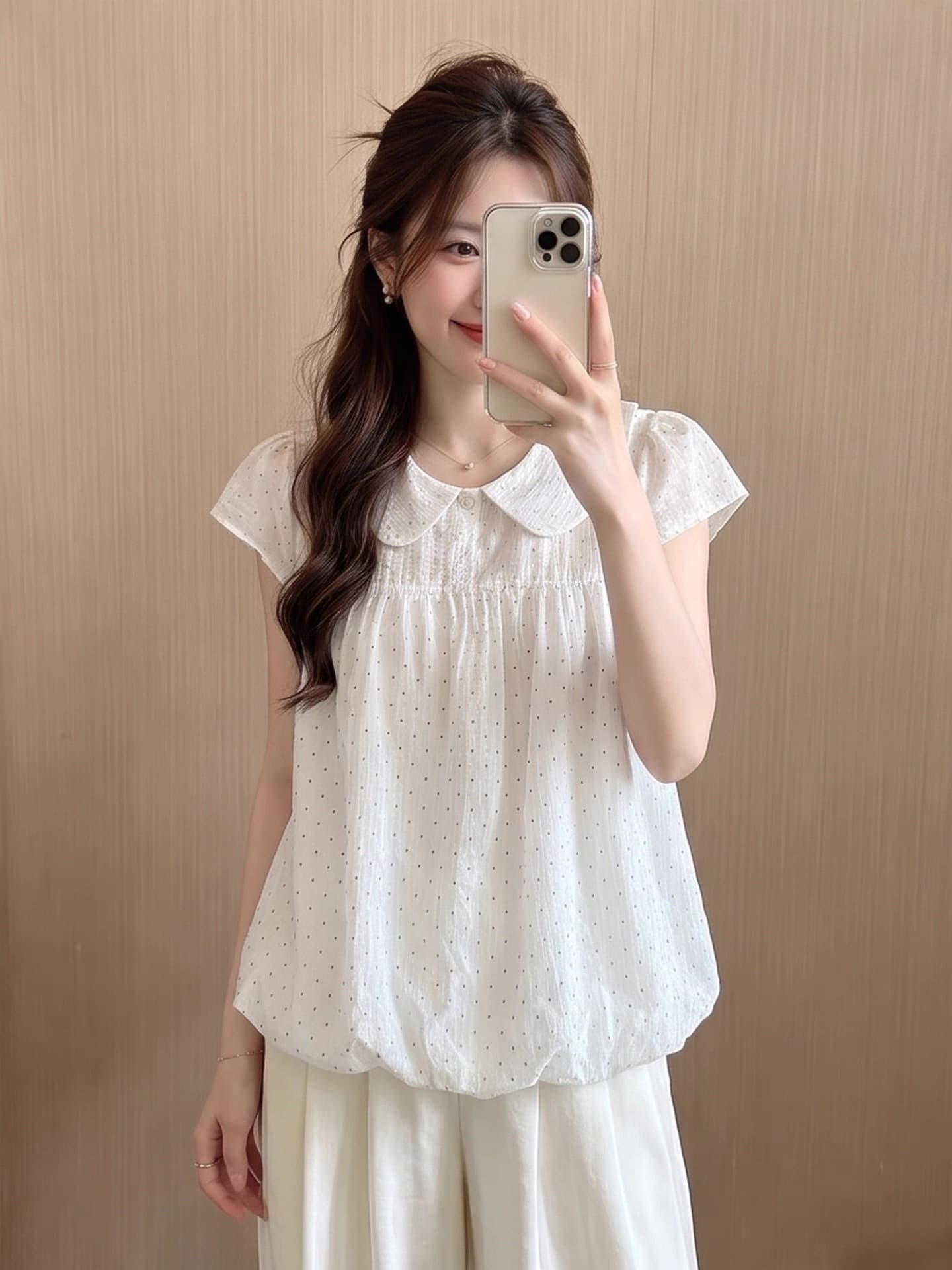 Feifei 소매 베이비 칼라 도트 무늬 꽃밭 셔츠 여성 셔츠 상세 이미지 7