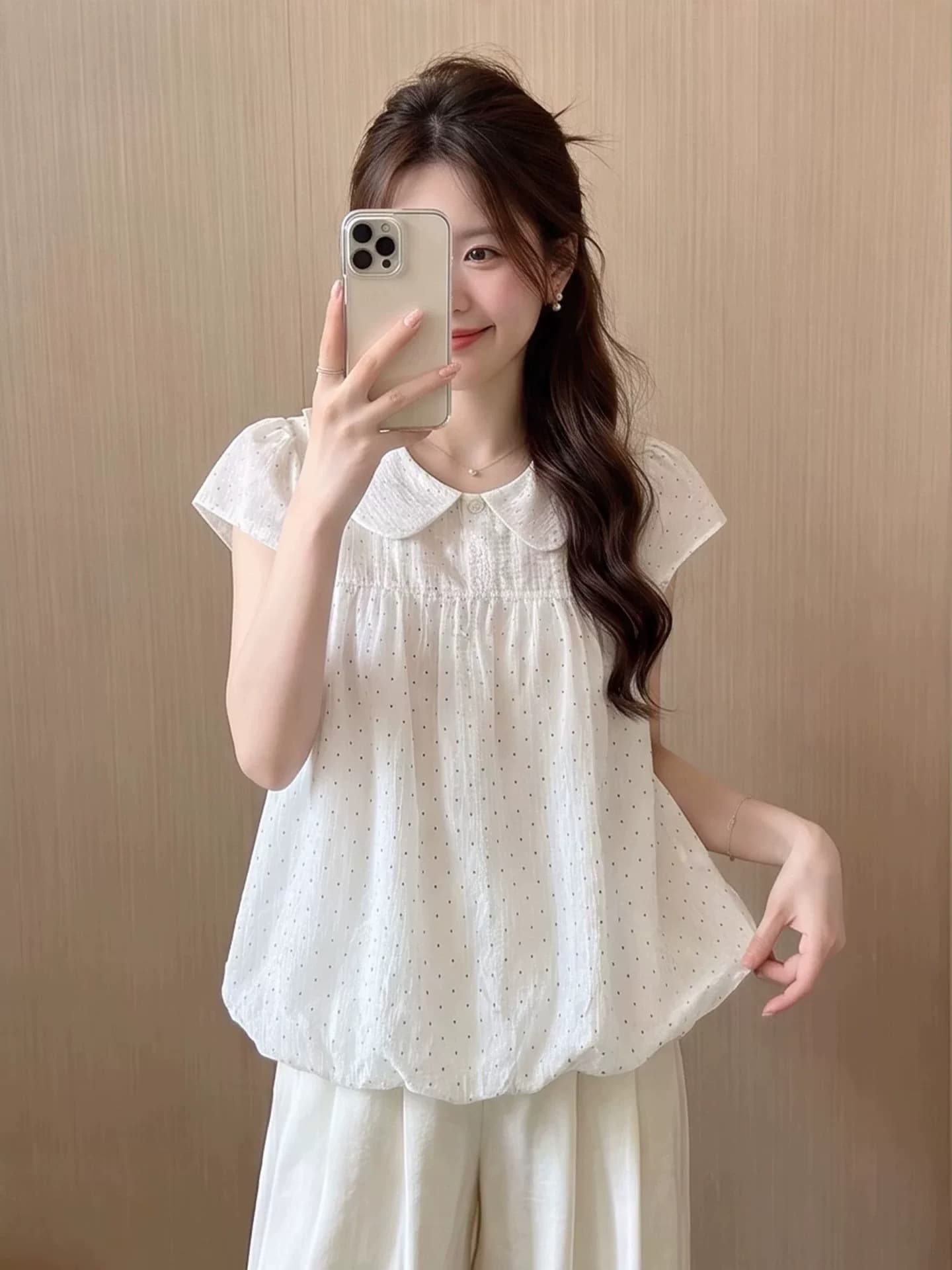 Feifei 소매 베이비 칼라 도트 무늬 꽃밭 셔츠 여성 셔츠 상세 이미지 8