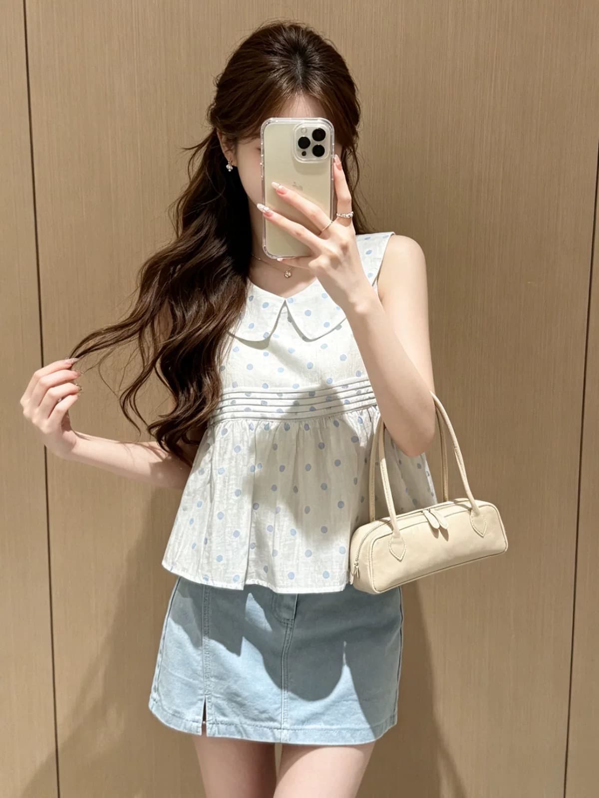파란색 도트 무늬 인형 작은 셔츠 맨위 상세 이미지 2