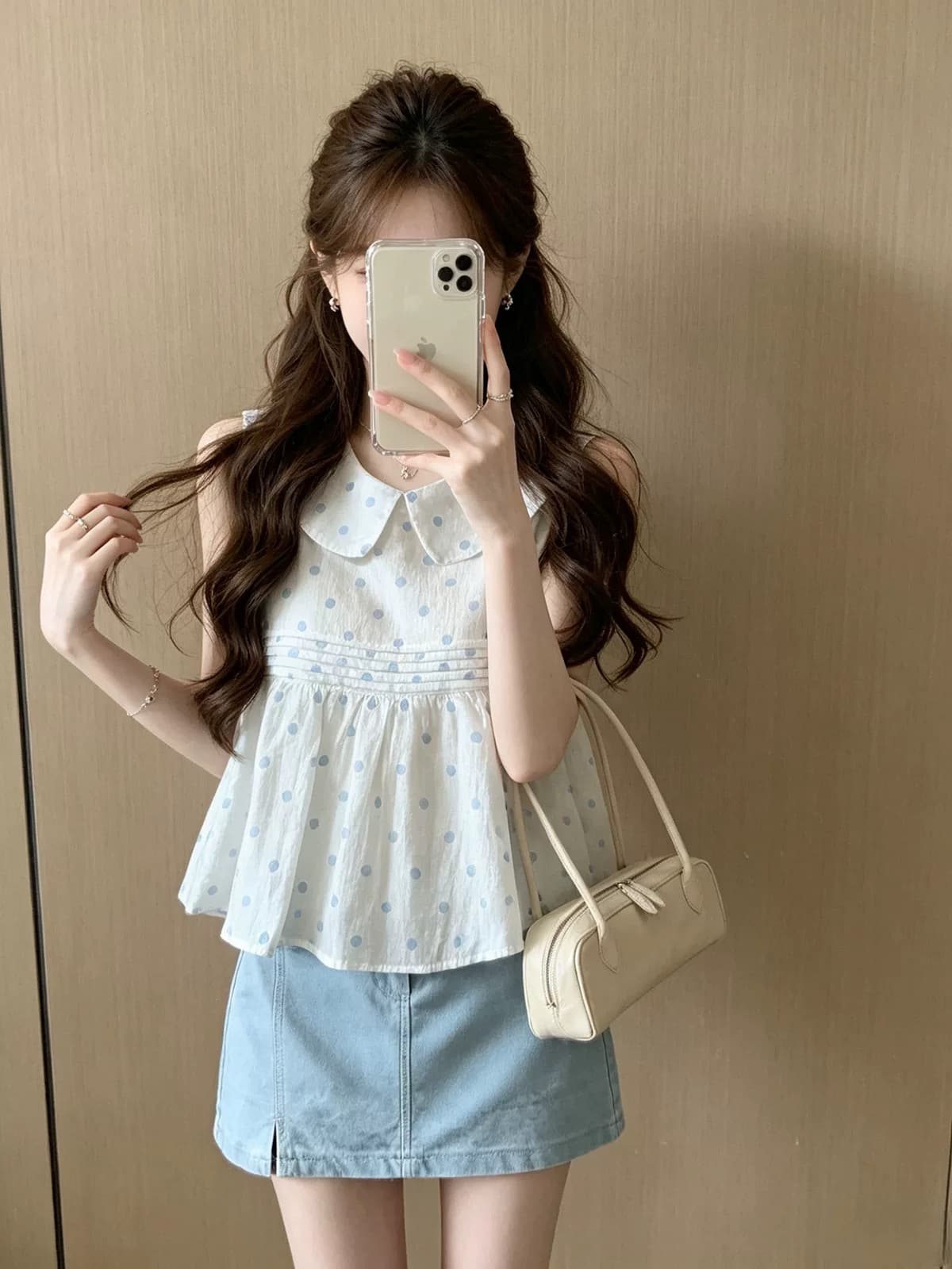 파란색 도트 무늬 인형 작은 셔츠 맨위 상세 이미지 10