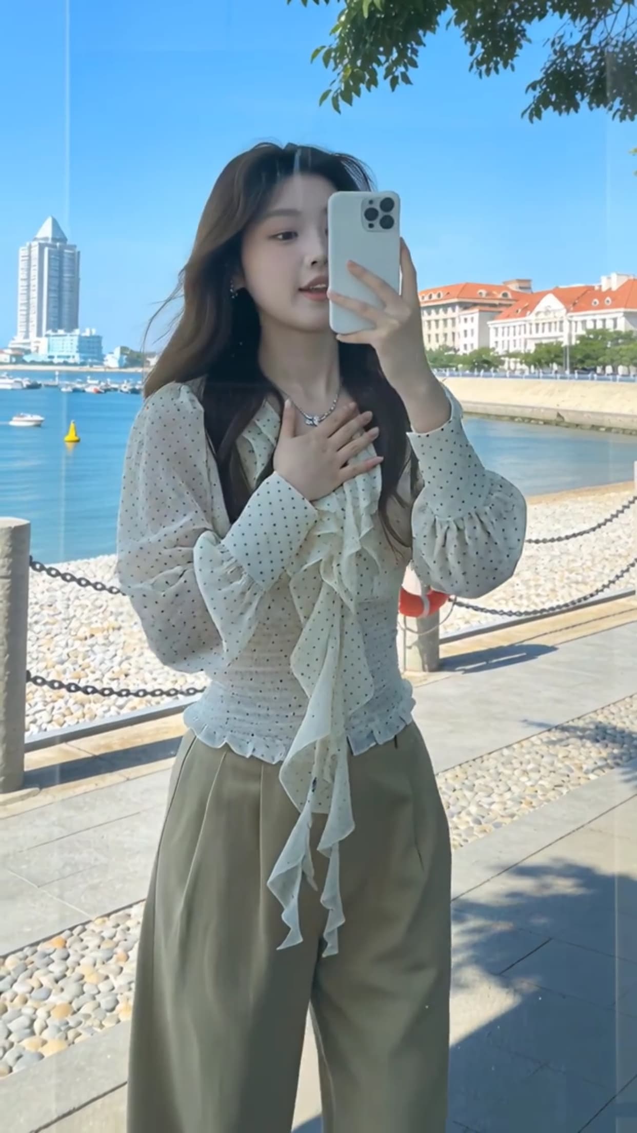 가을 도트 무늬 프릴 맨위 상세 이미지 7