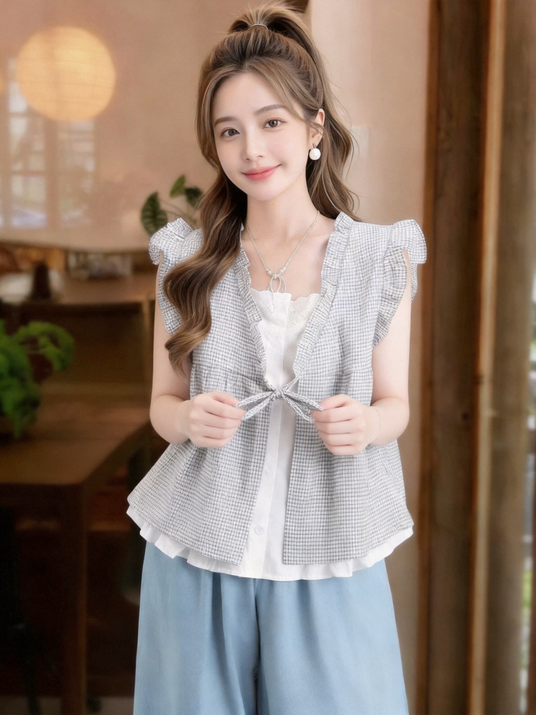 페이크 레이어드 체크무늬 프릴 패치워크 맨위 이미지 3