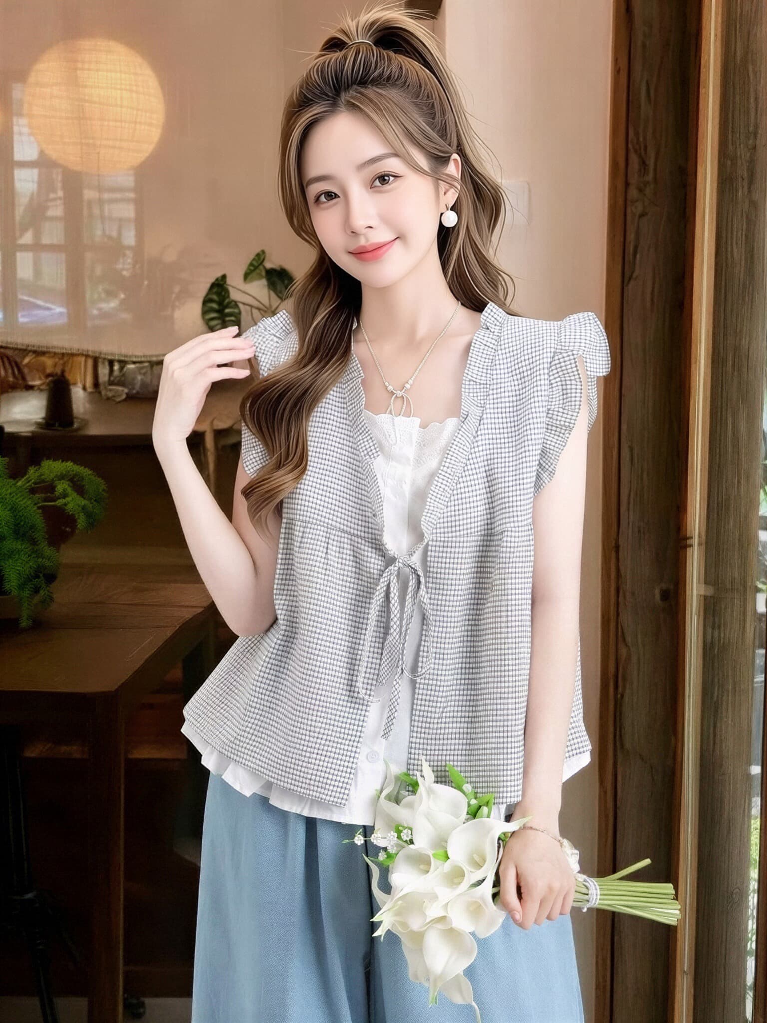 페이크 레이어드 체크무늬 프릴 패치워크 맨위 이미지 4