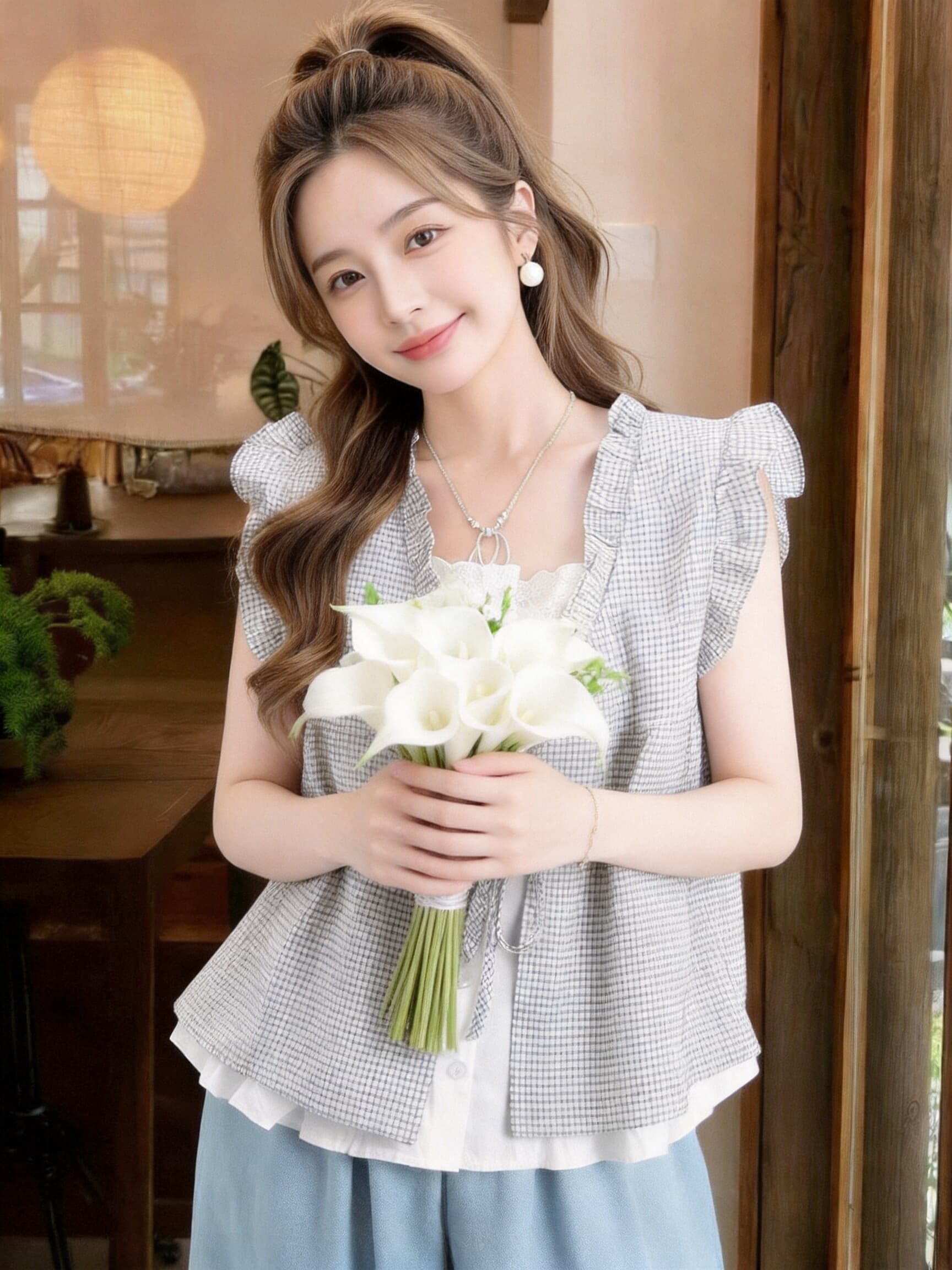 페이크 레이어드 체크무늬 프릴 패치워크 맨위 상세 이미지 4