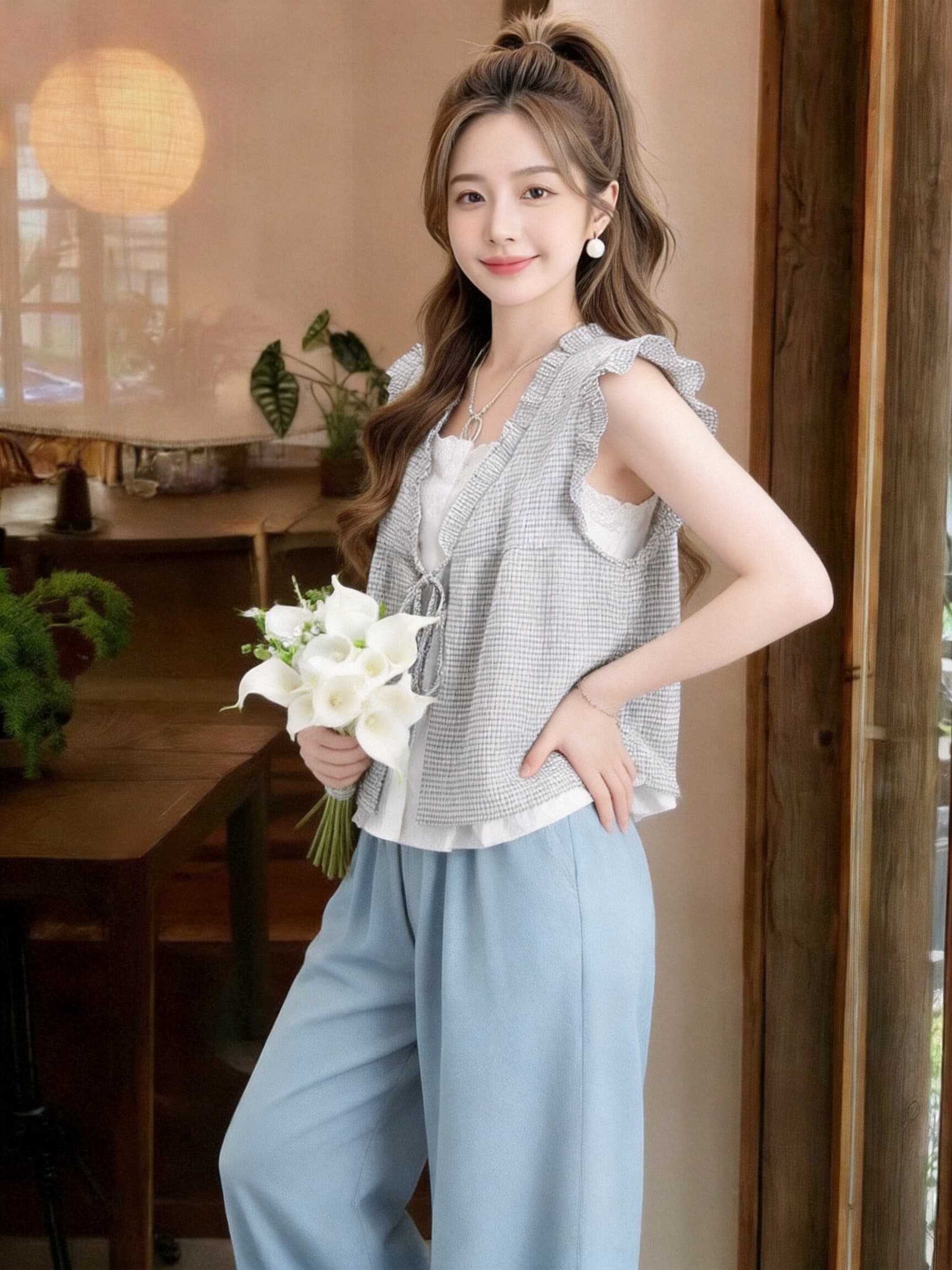 페이크 레이어드 체크무늬 프릴 패치워크 맨위 상세 이미지 5