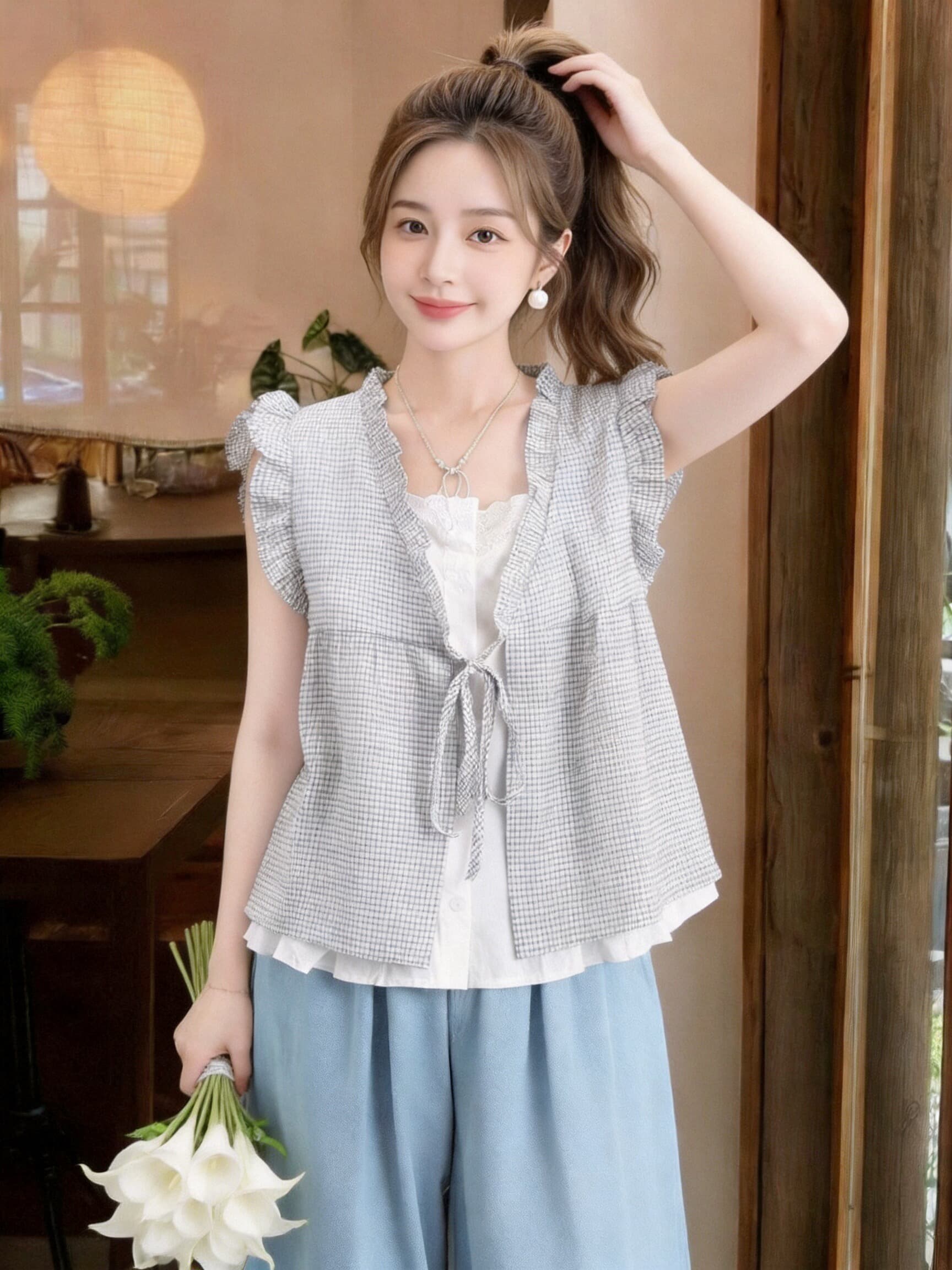 페이크 레이어드 체크무늬 프릴 패치워크 맨위 상세 이미지 7