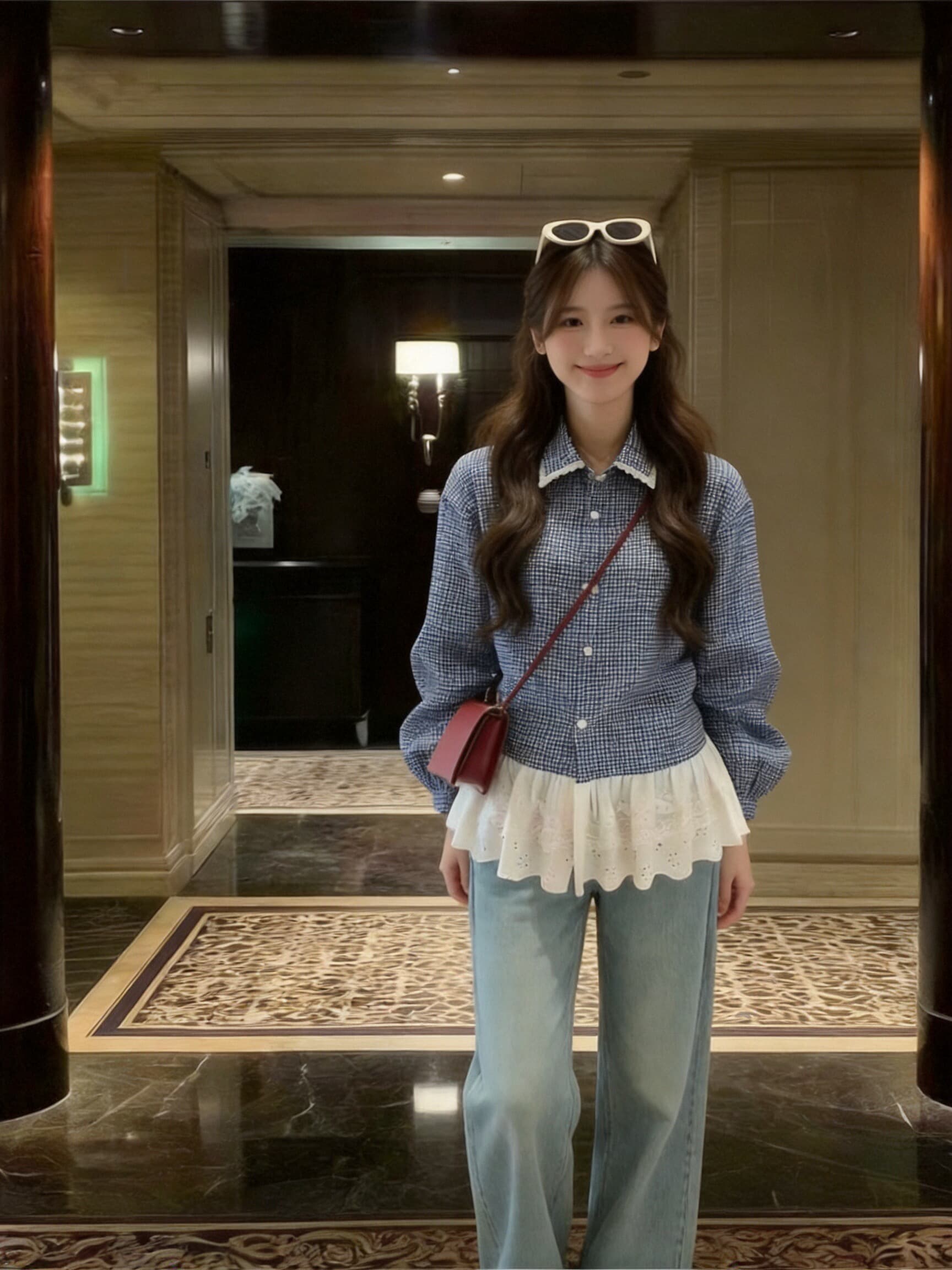 가을 패치워크 레이스 레이스 체크무늬 여성 셔츠 이미지 4