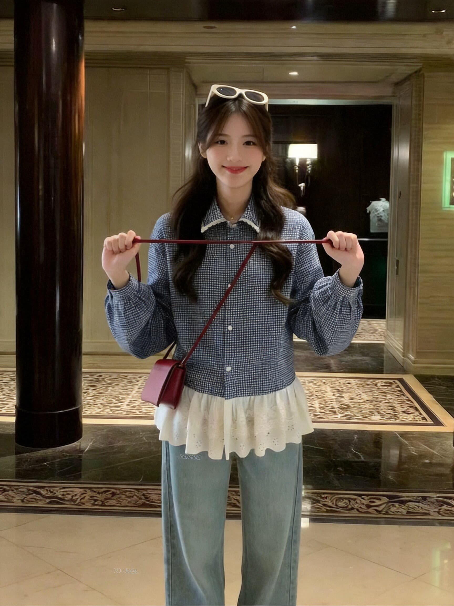 가을 패치워크 레이스 레이스 체크무늬 여성 셔츠 이미지 3