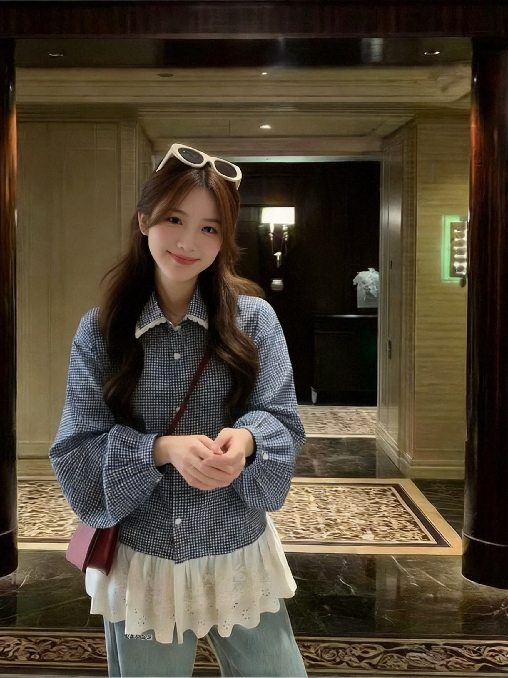 가을 패치워크 레이스 레이스 체크무늬 여성 셔츠 이미지 2