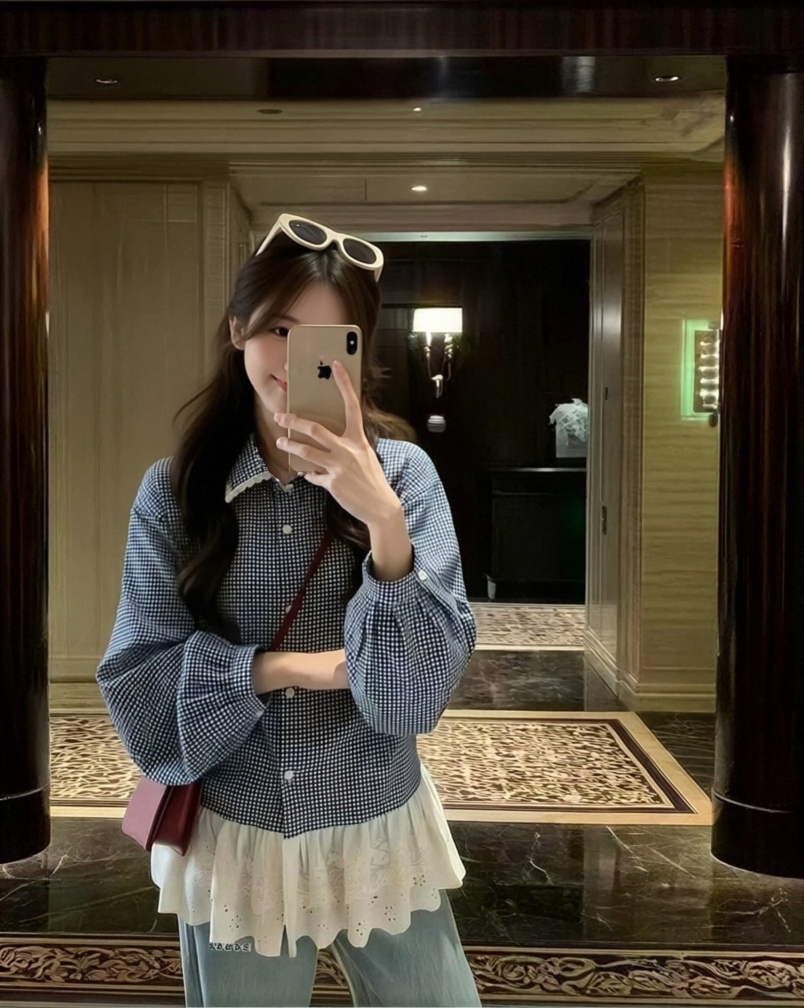 가을 패치워크 레이스 레이스 체크무늬 여성 셔츠 상세 이미지 2