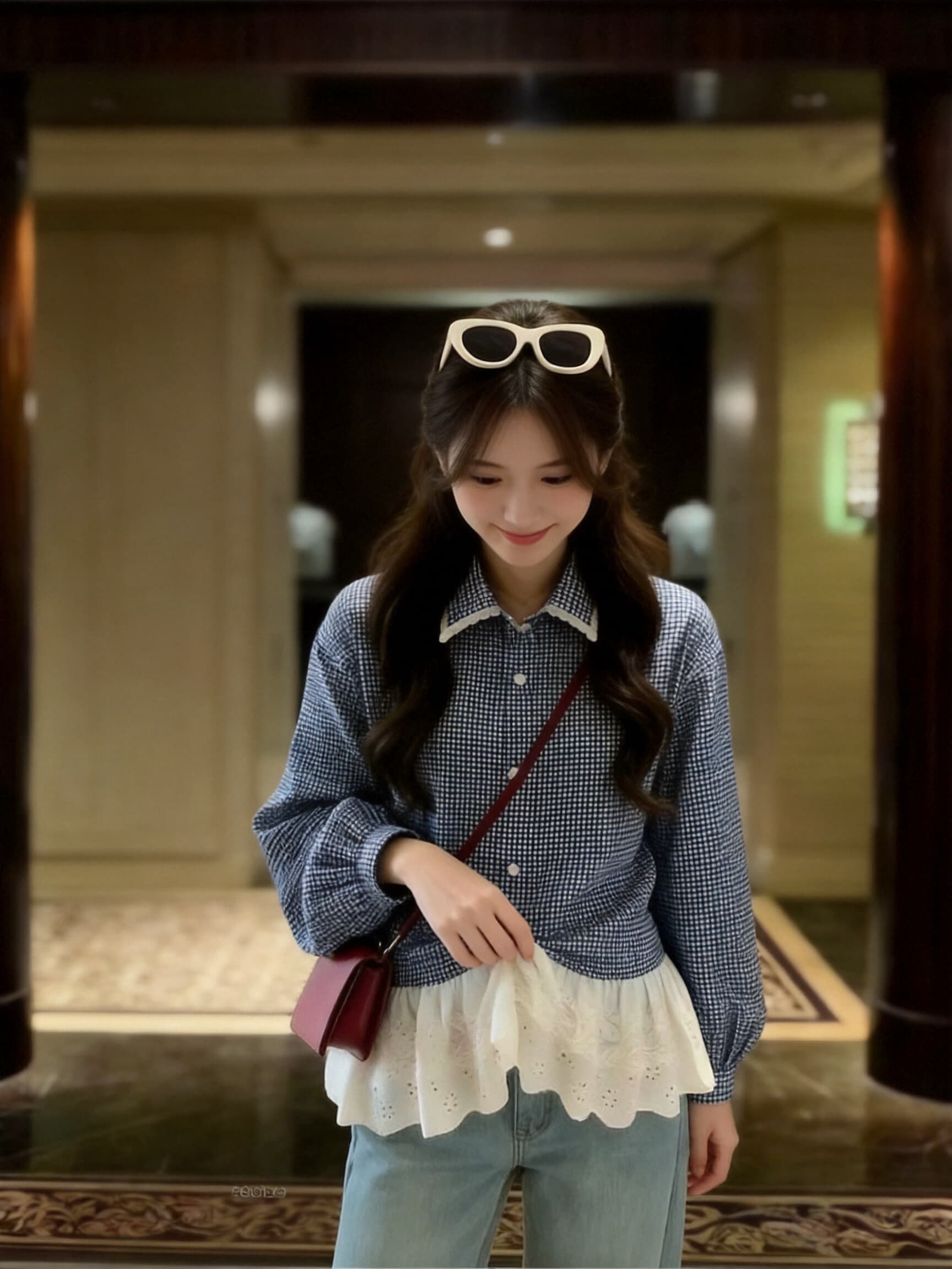 가을 패치워크 레이스 레이스 체크무늬 여성 셔츠 상세 이미지 5