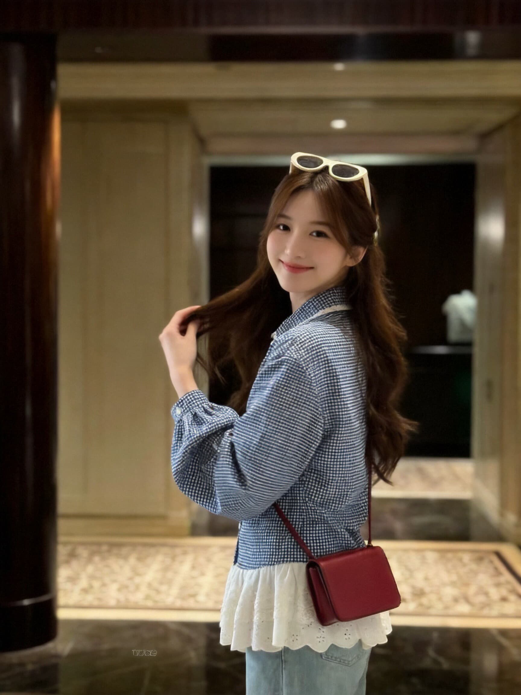 가을 패치워크 레이스 레이스 체크무늬 여성 셔츠 상세 이미지 7