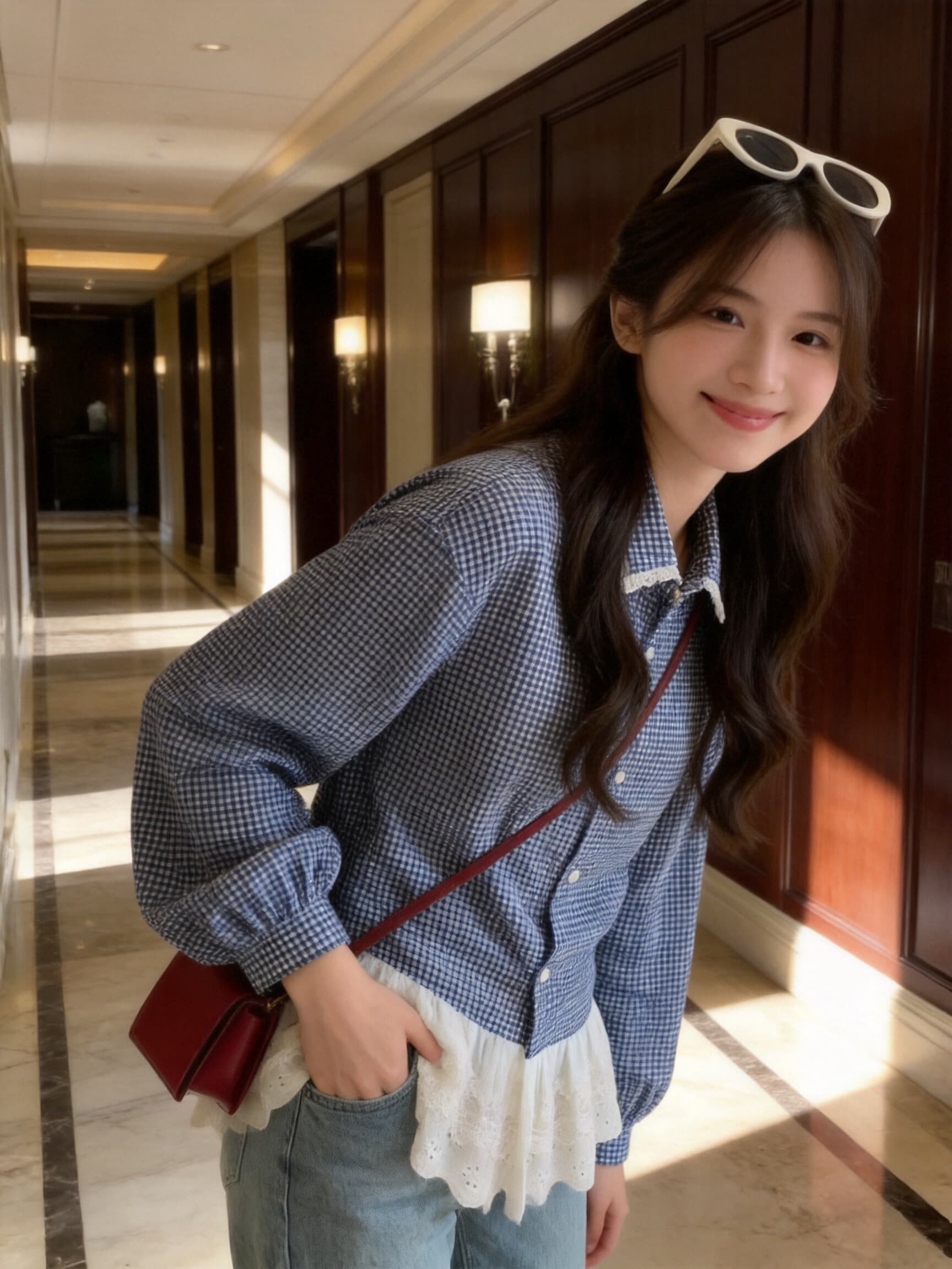 가을 패치워크 레이스 레이스 체크무늬 여성 셔츠 상세 이미지 8