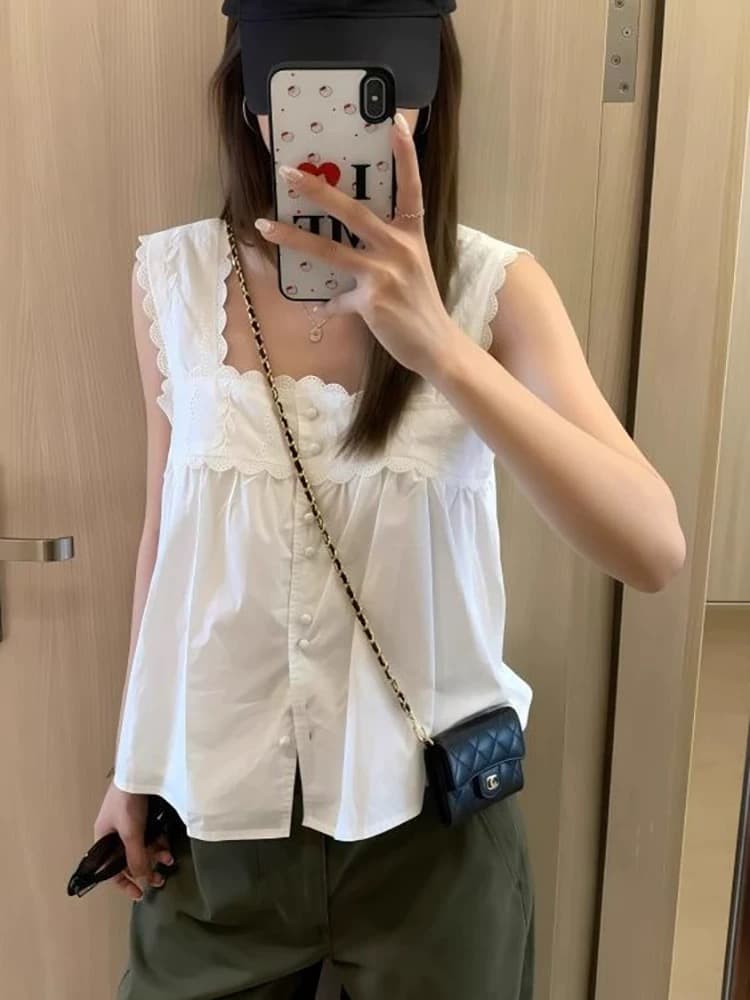 레이스 조각 광장 칼라 조끼 맨위 여성 상세 이미지 11