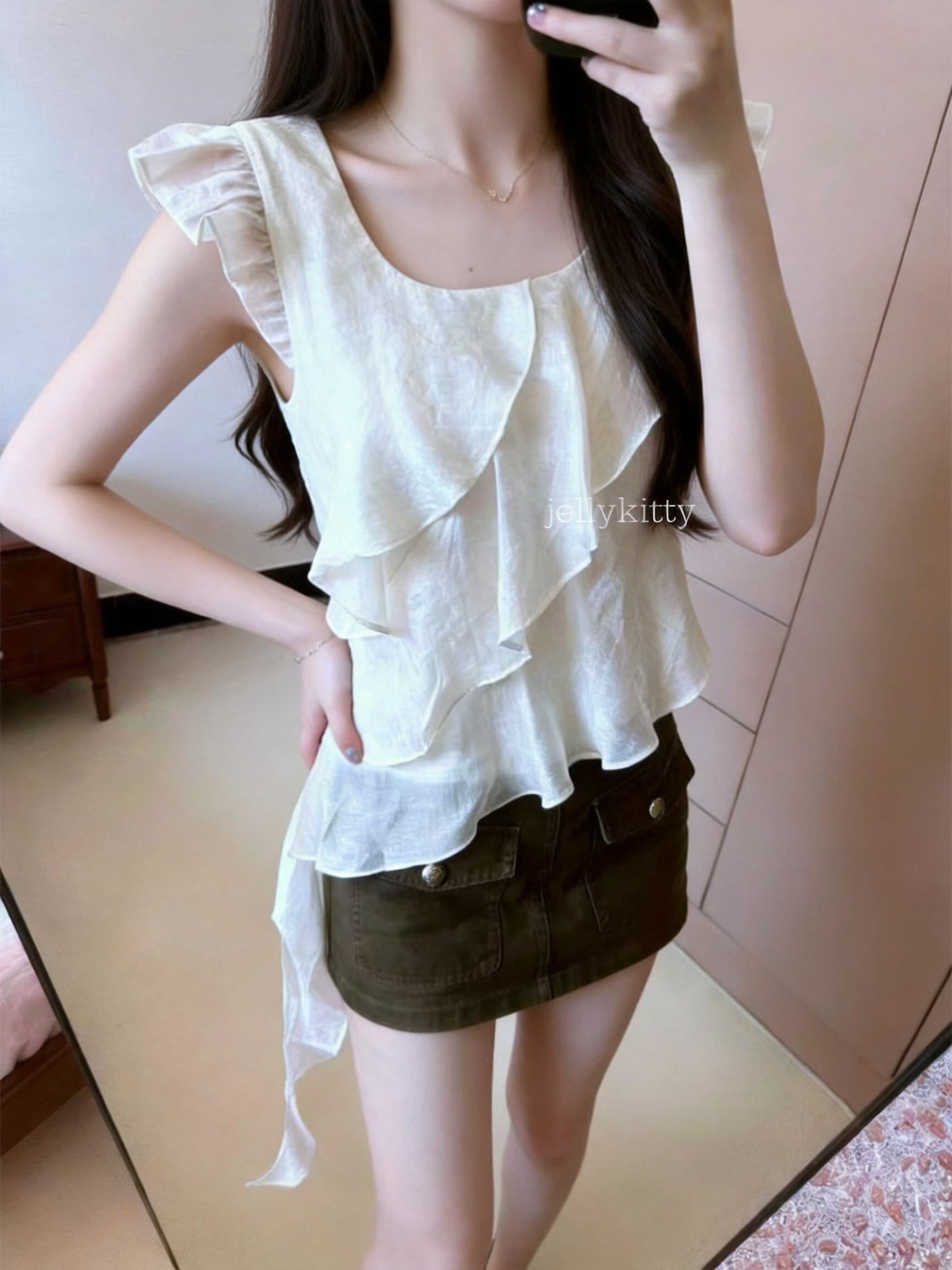 광장 칼라 Feifei 소매 층 프릴 맨위 이미지 2