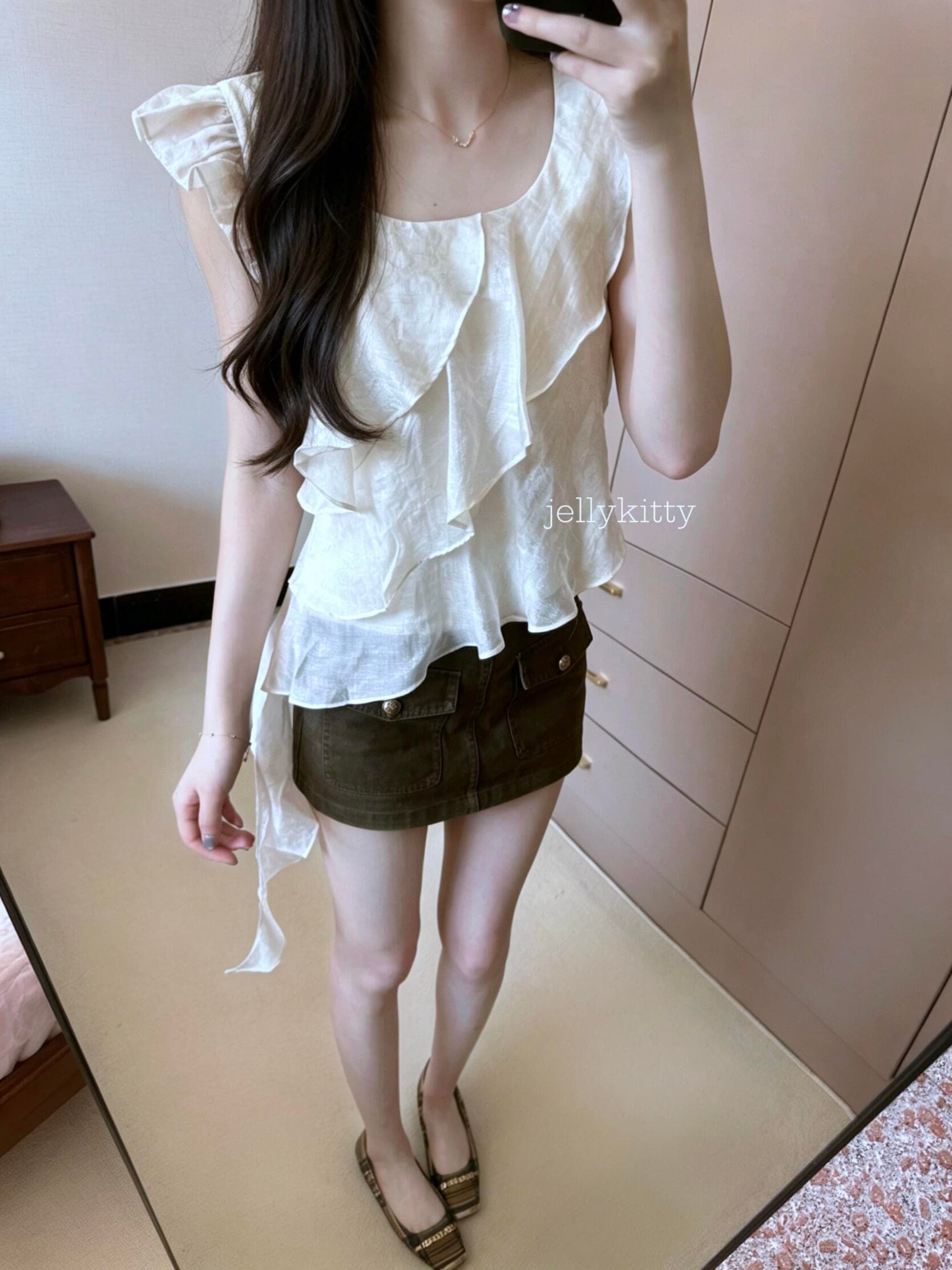 광장 칼라 Feifei 소매 층 프릴 맨위 이미지 4