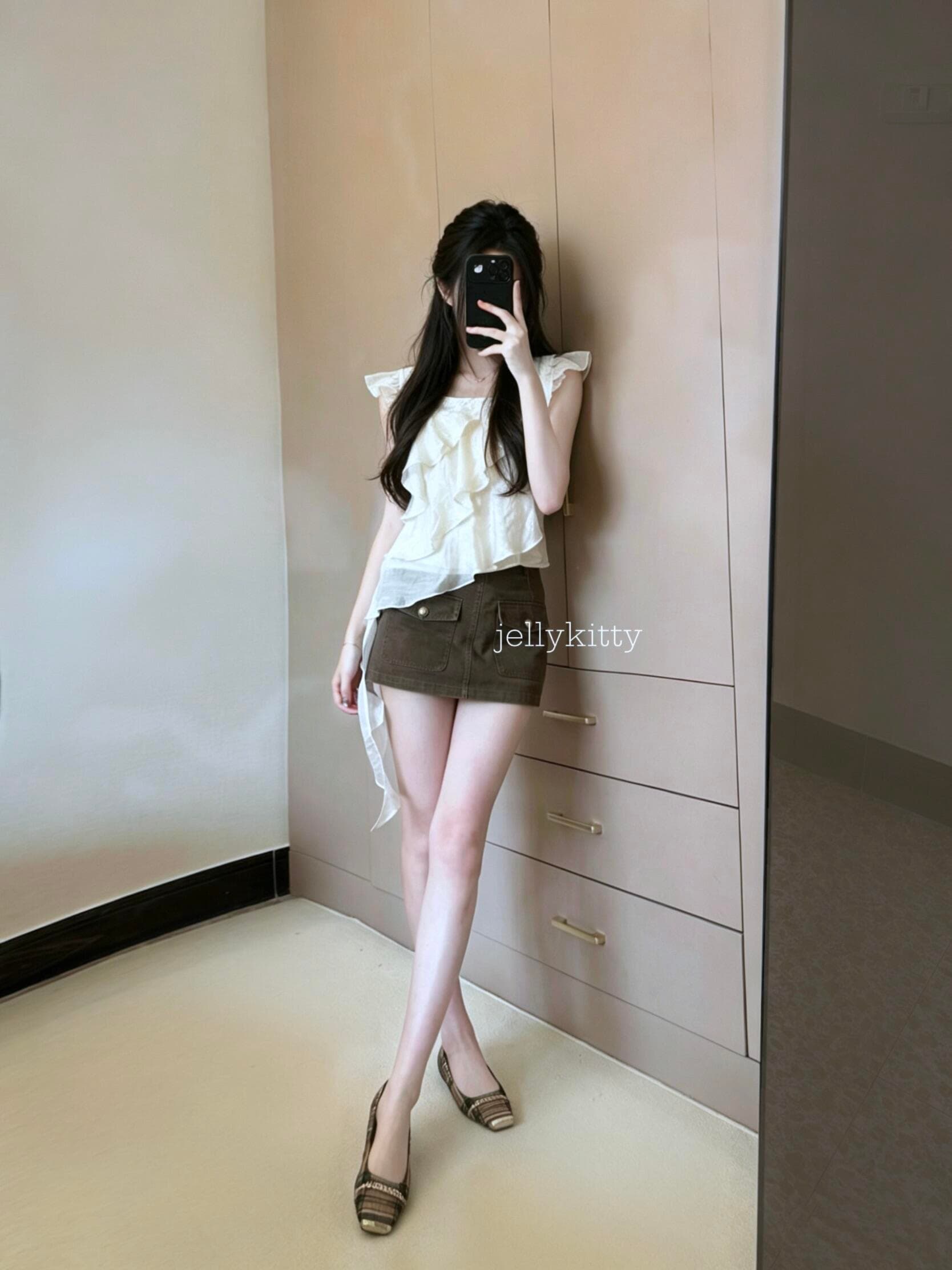 광장 칼라 Feifei 소매 층 프릴 맨위 상세 이미지 8