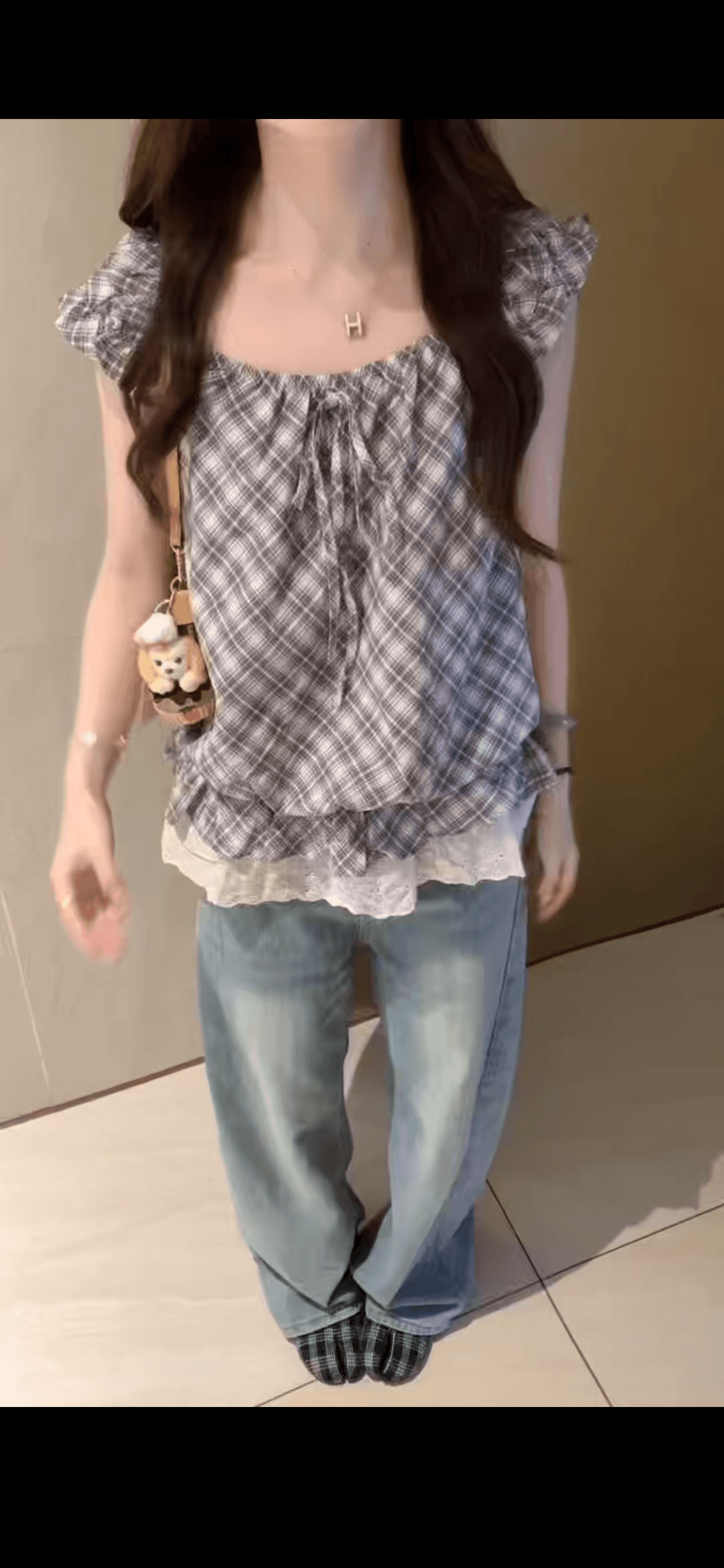 체크무늬 레이스 레이스 캐미솔 상세 이미지 6