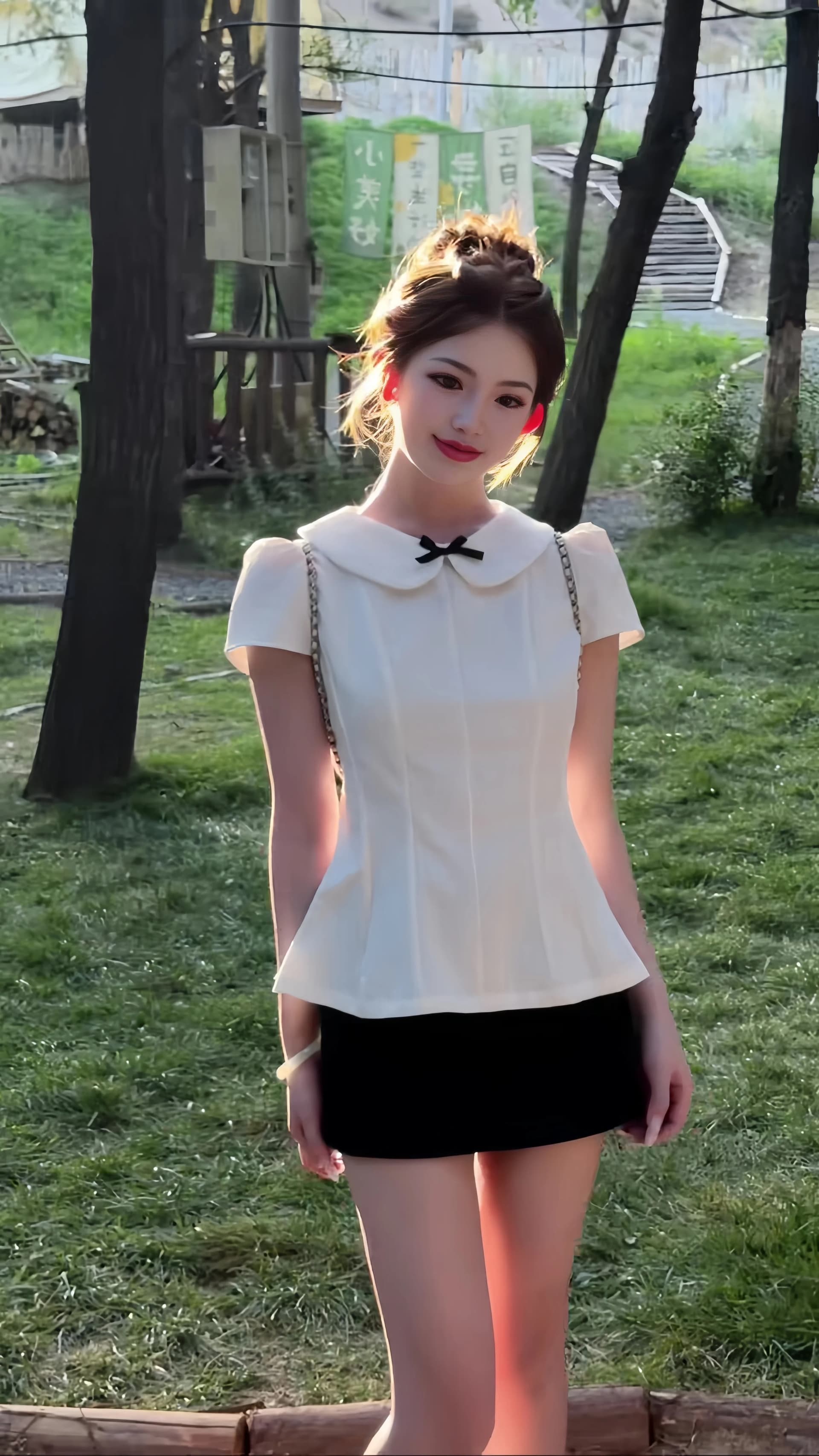 면 린넨 베이비 칼라 나비 매듭 허리 수축 반팔 맨위 여성 이미지 2