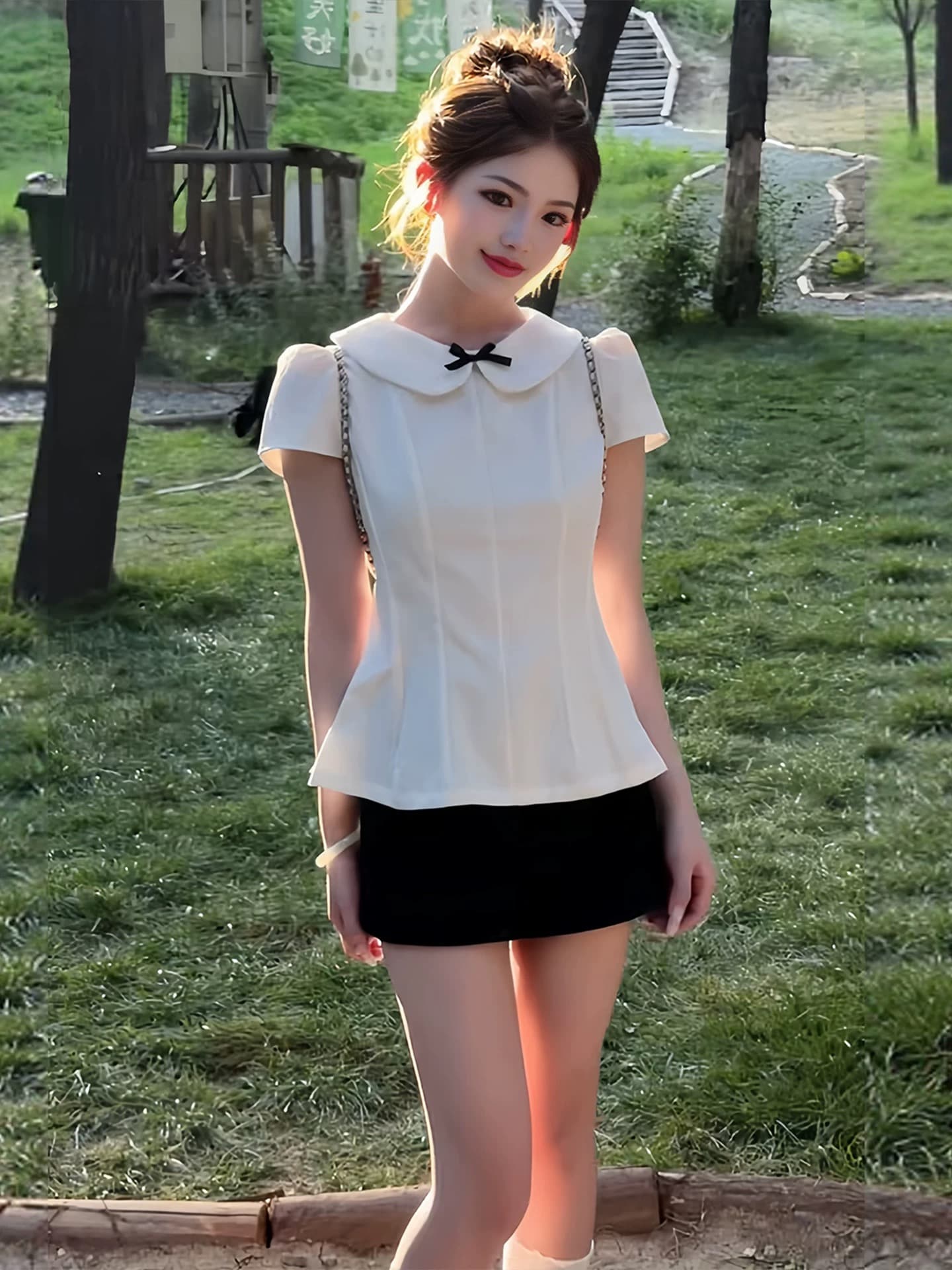 면 린넨 베이비 칼라 나비 매듭 허리 수축 반팔 맨위 여성