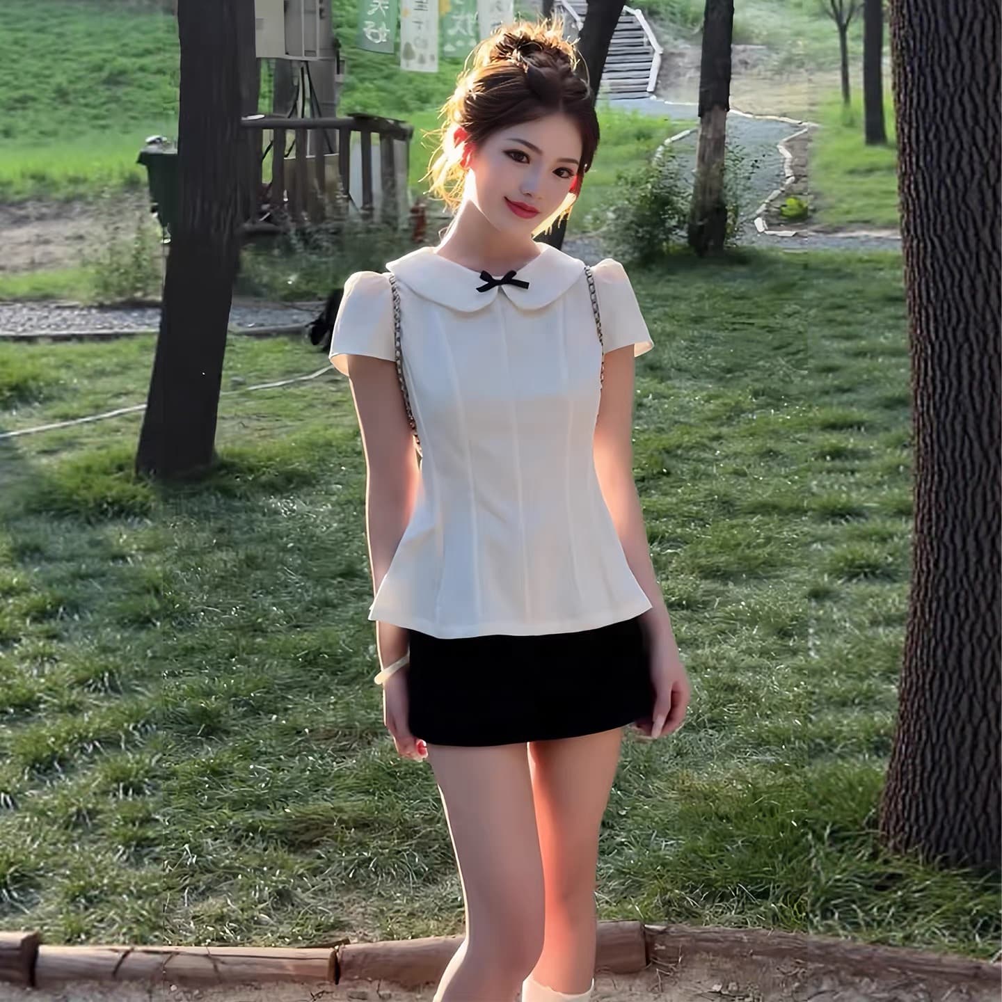 면 린넨 베이비 칼라 나비 매듭 허리 수축 반팔 맨위 여성 상세 이미지 3