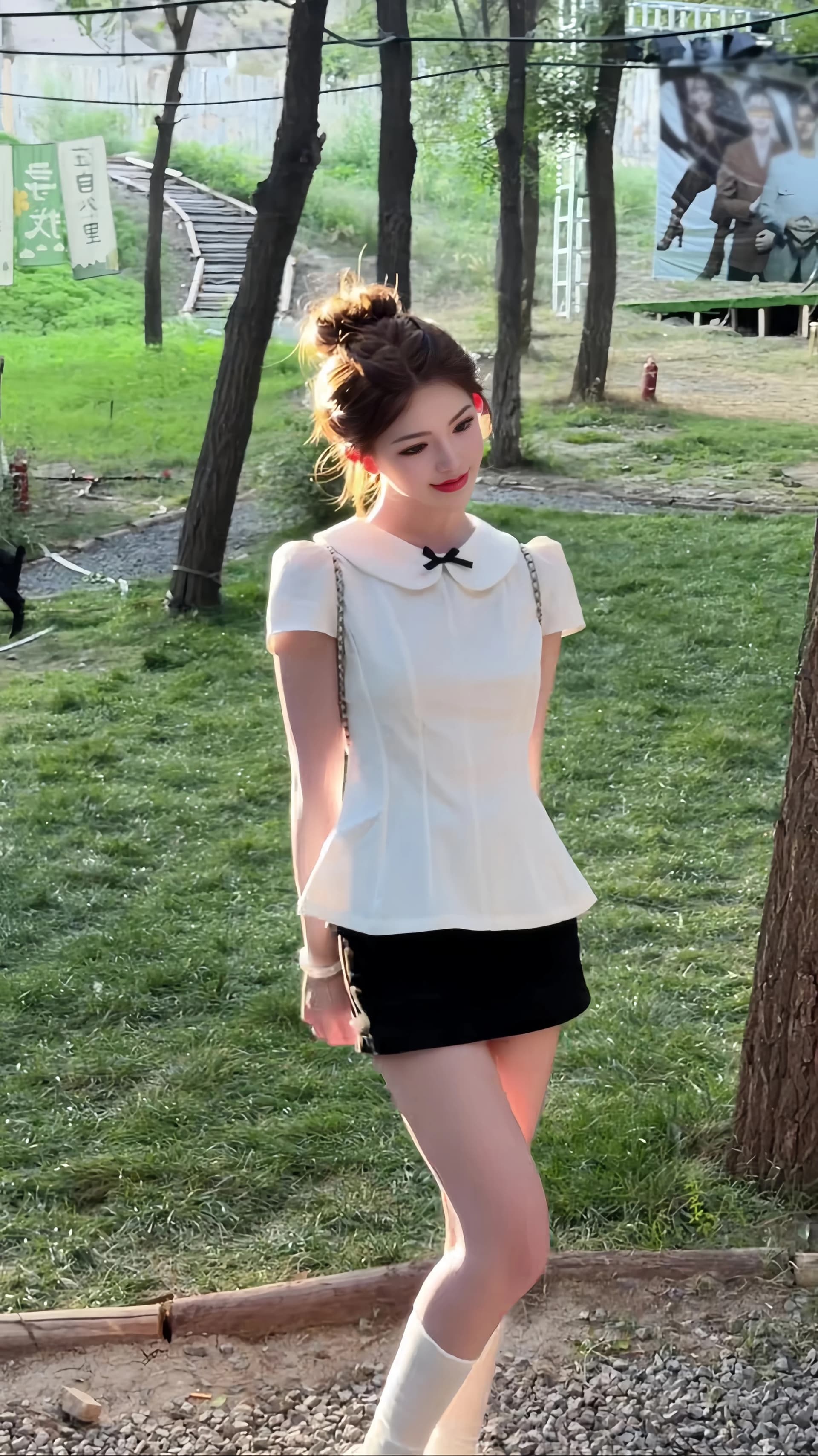면 린넨 베이비 칼라 나비 매듭 허리 수축 반팔 맨위 여성 상세 이미지 4