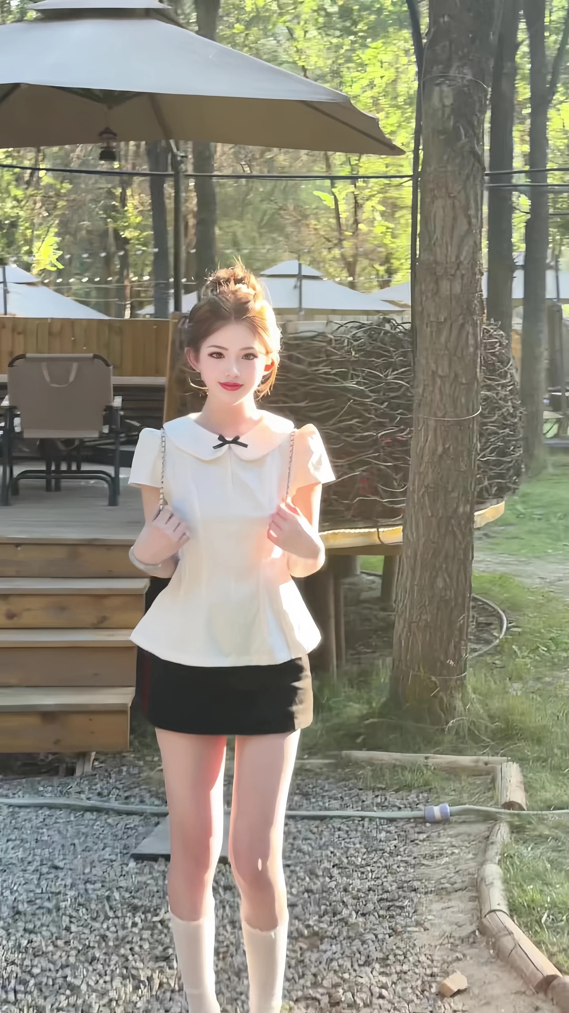 면 린넨 베이비 칼라 나비 매듭 허리 수축 반팔 맨위 여성 상세 이미지 7