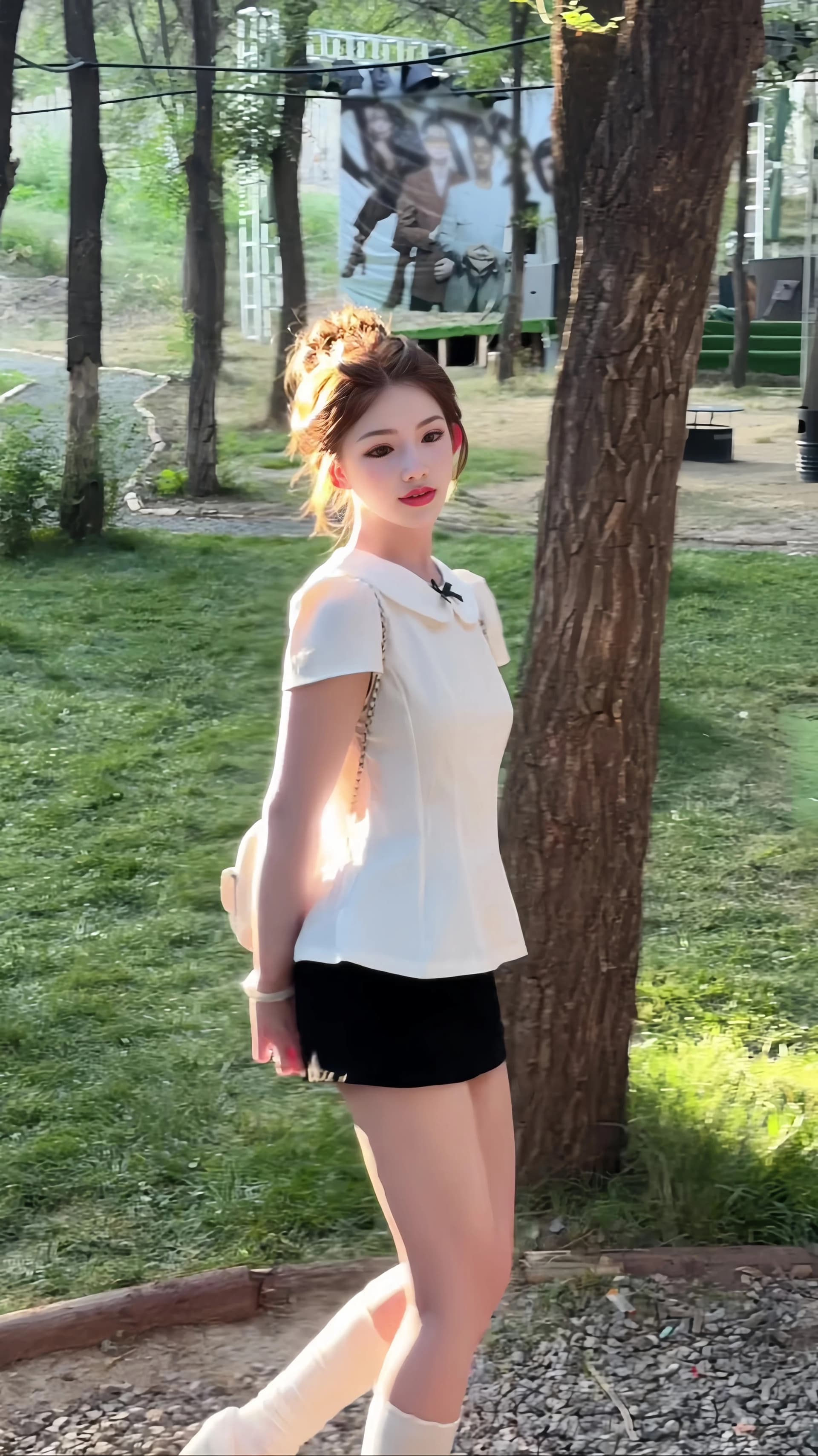 면 린넨 베이비 칼라 나비 매듭 허리 수축 반팔 맨위 여성 상세 이미지 9