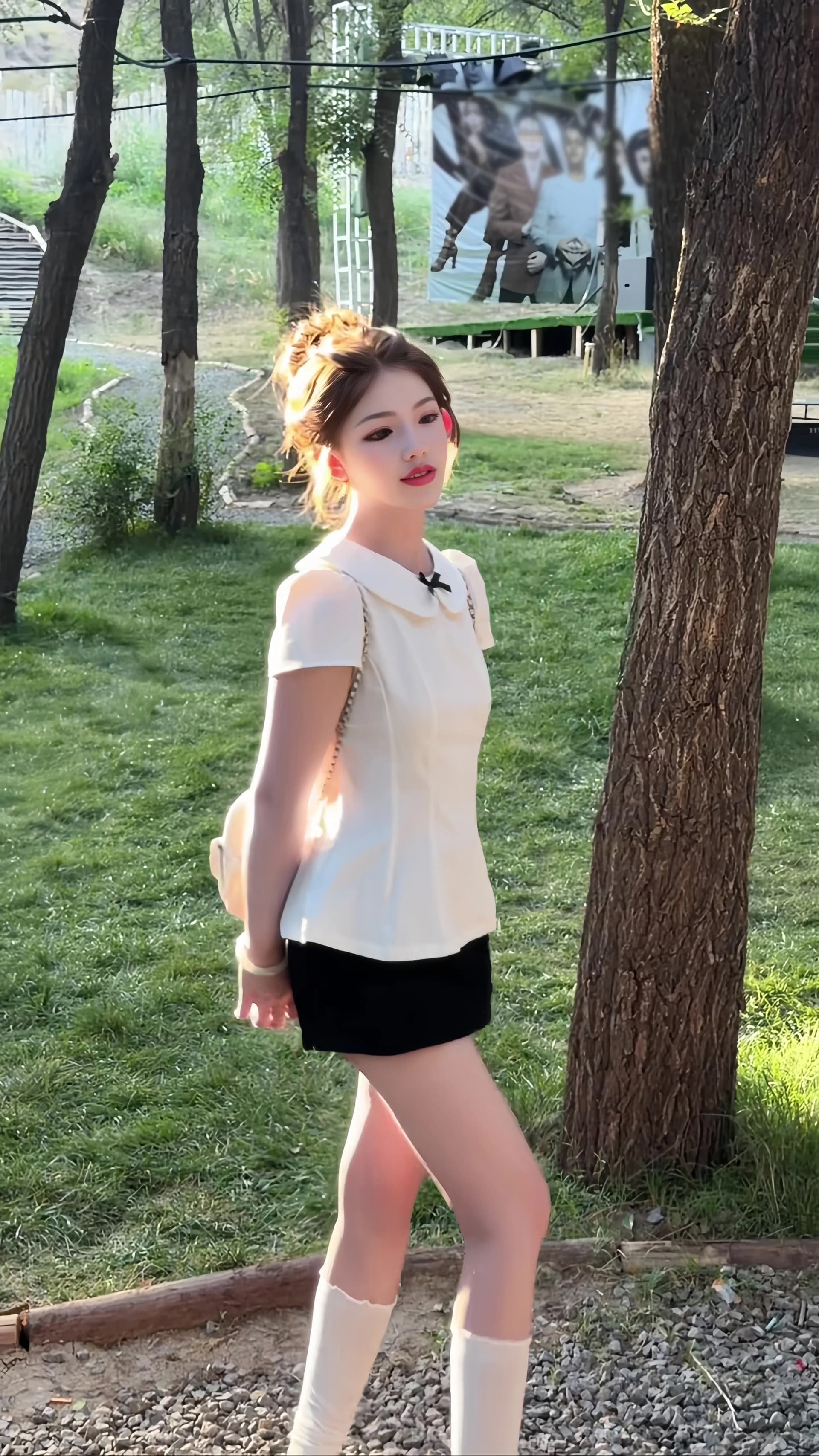 면 린넨 베이비 칼라 나비 매듭 허리 수축 반팔 맨위 여성 상세 이미지 11