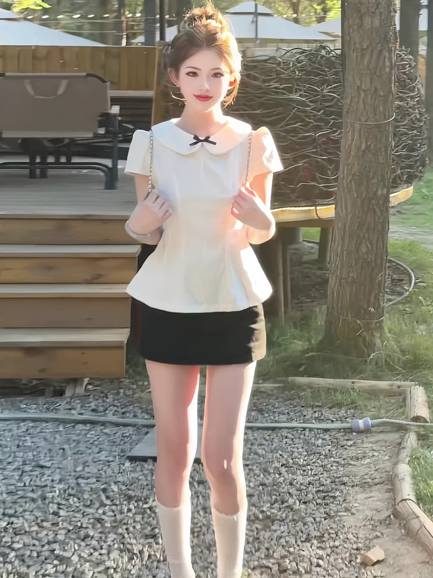 면 린넨 베이비 칼라 나비 매듭 허리 수축 반팔 맨위 여성 상세 이미지 13