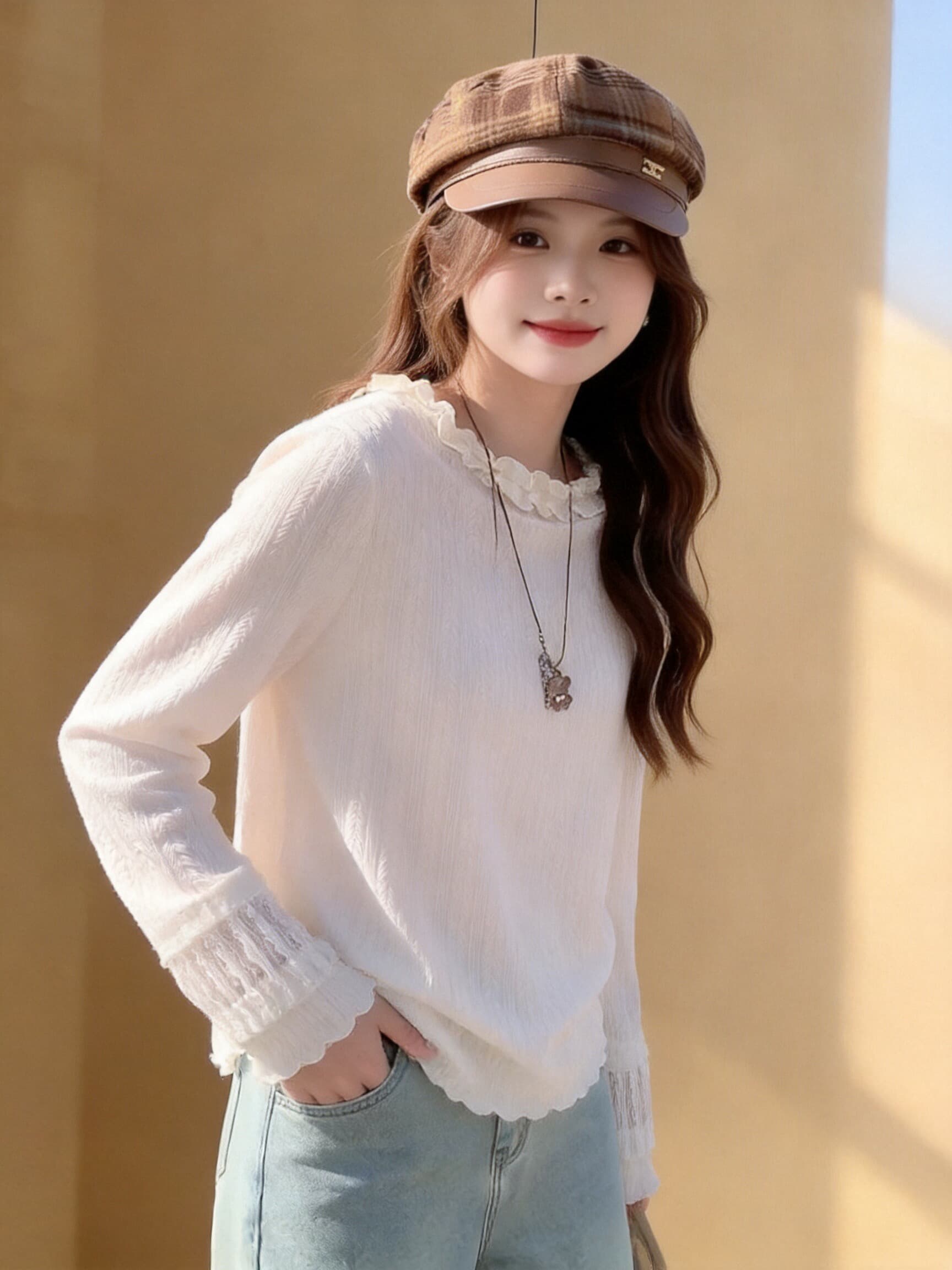 가을 프릴 프릴 긴팔 작은 셔츠 이미지 5